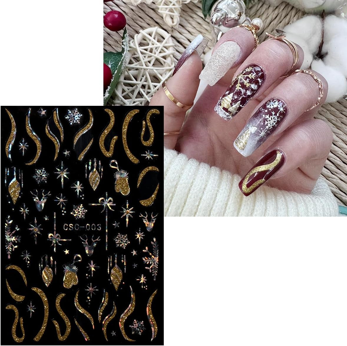 JMEOWIO Nagelsticker Weihnachten Gold Glitter Silver 8 Blatt Nail Art Sticker Selbstklebend Nagelaufkleber Schneeflocke Winterurlaub Dekoration Nageldesign Zubehör