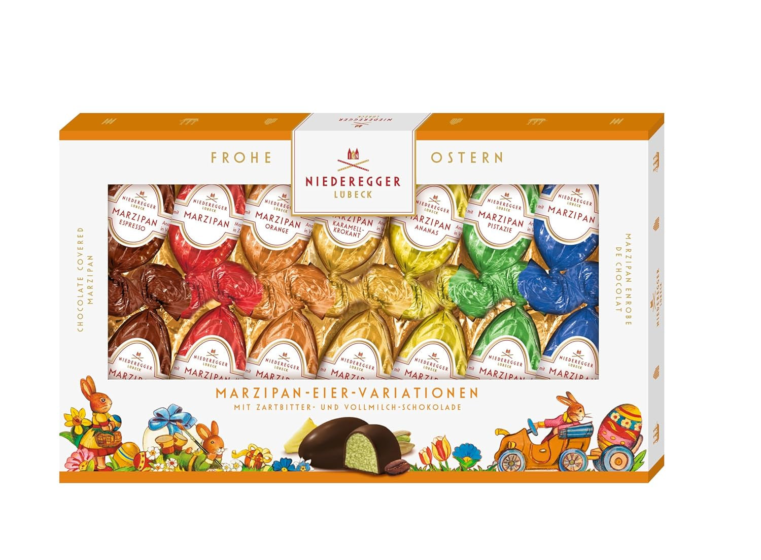 Niederegger | Huevos de mazapán | 1 x 175 g | Variantes: Clásico, Chocolate con Leche, Naranja, Caramelo Crujiente, Piña, Espresso y Pistacho | Cubierto de chocolate negro y con leche | regalo de pascua