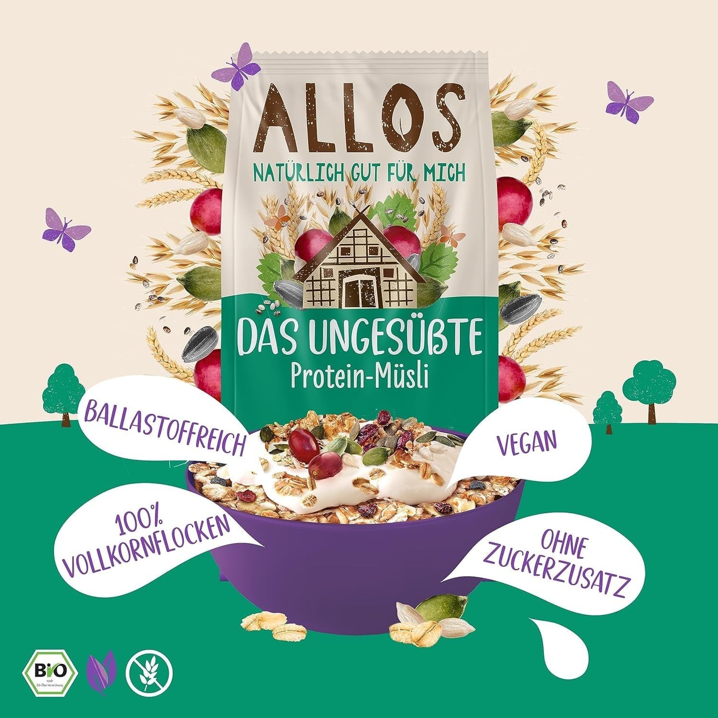 Allos muesli proteico sin azúcar | Muesli orgánico | Avena | Cereales para el desayuno | Vegano (5 x 450 g), 1 pieza (paquete de 5)