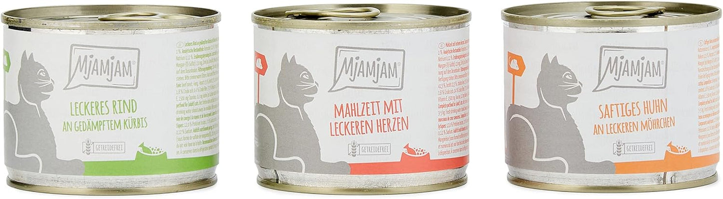 MjAMjAM - Comida húmeda premium para gatos - Paquete mixto I - Pollo, ternera y corazones, paquete de 6 (6 x 200 g), sin cereales y con carne extra