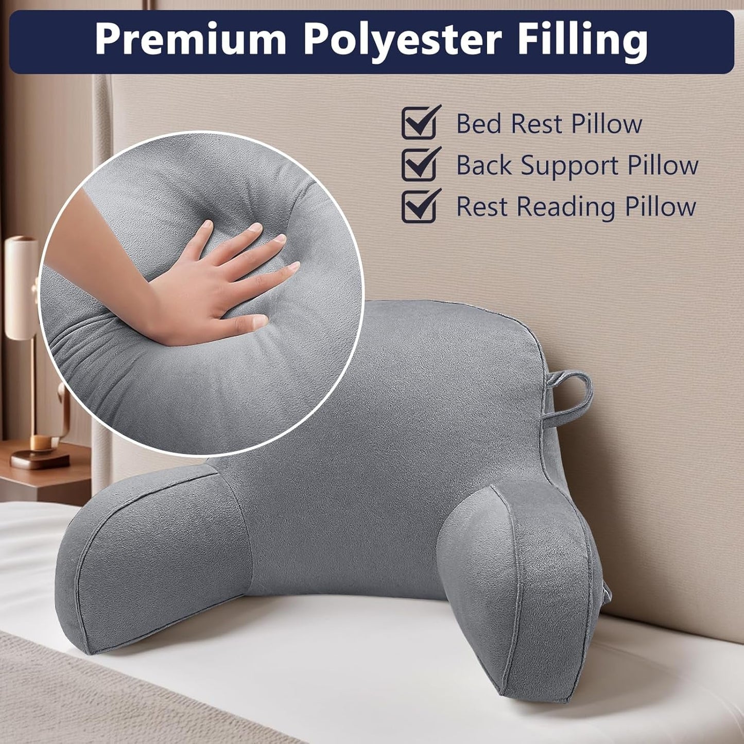 Almohada de lectura, almohada de descanso en cama para adultos y niños, cómoda almohada de terciopelo con reposabrazos, bolsillos y asa para sentarse en la cama, almohada de espalda para leer, estudiar y mirar televisión