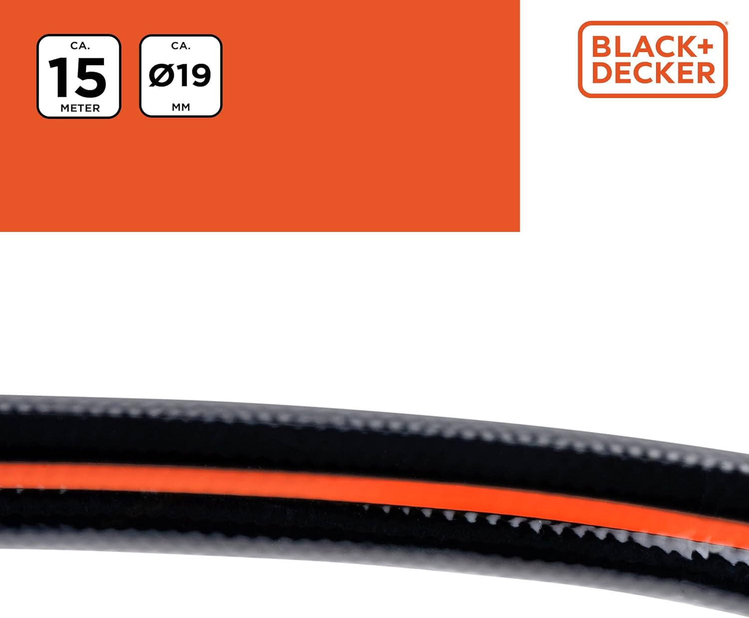 Manguera de Jardín BLACK+DECKER 15 metros - Ø19MM - PVC duradero - Regar el jardín, lavar el coche, llenar la piscina - Compatible con cualquier grifo estándar - Negro/Naranja