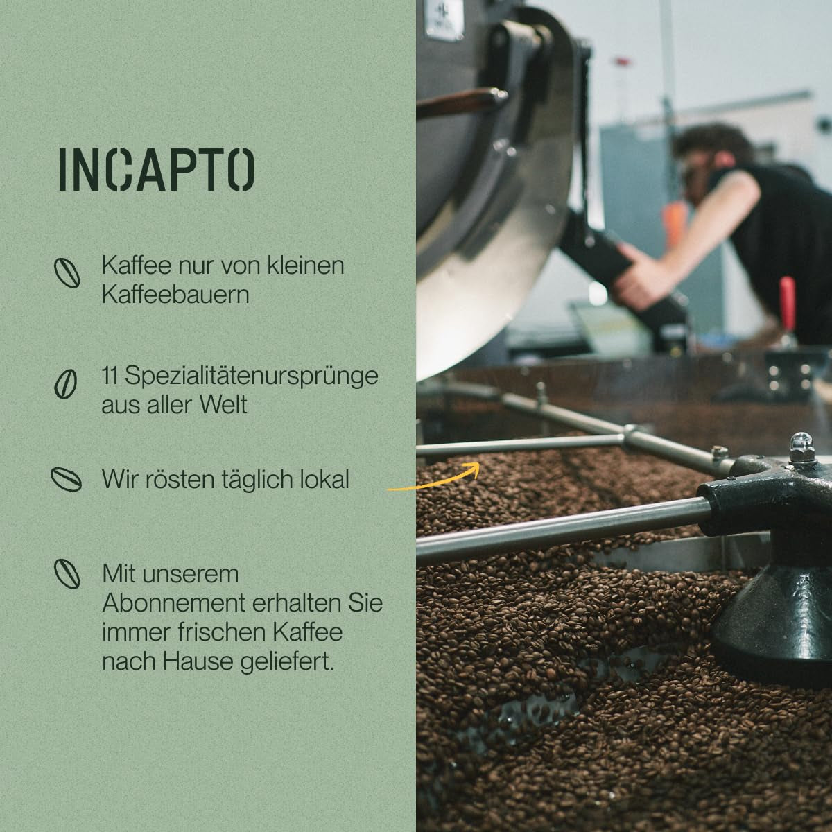 Incapto Ganze Entkofeinierte Kaffeebohnen | Ohne Chemikalien | Mischung aus 100% Arábica-Café aus Brasilien | Ungemahlen Espresso Bohnen | Café Suizo Descafeinado al Agua, Paquete 500g