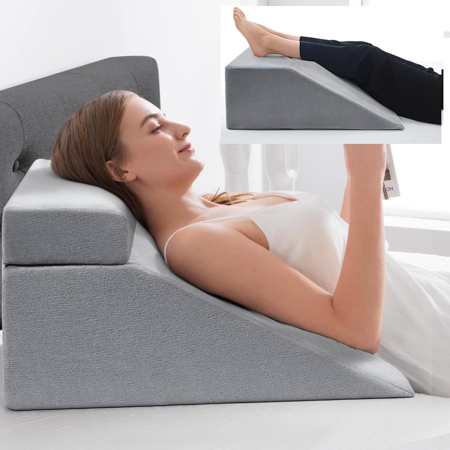 Almohada de lectura y almohada de plumas para elevador de piernas, almohada de espuma viscoelástica para la espalda y el cuello, almohada desmontable multifuncional para cama, sofá, sentarse, dormir y descansar (gris)