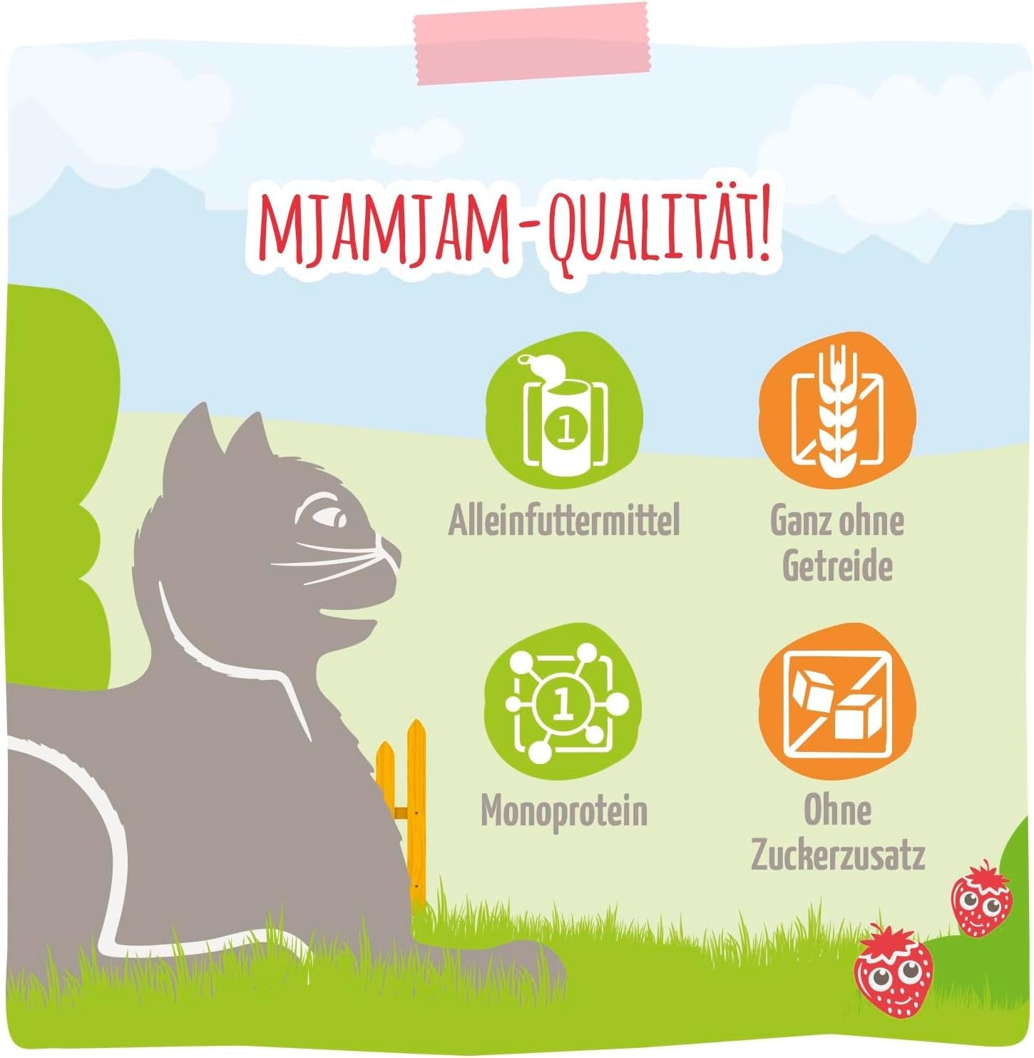 MjAMjAM - Comida húmeda premium para gatos - pollo delicado con fresas afrutadas 400 g, paquete de 6 (6 x 400 g), natural con extra de carne