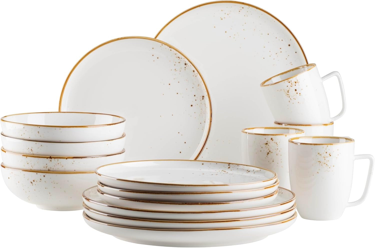 MÄSER Serie Pintar Vajilla de alta calidad para 4 personas, 16 piezas, esmalte abierto, manchas marrones visuales y borde fino, porcelana de aspecto vintage hecha a mano