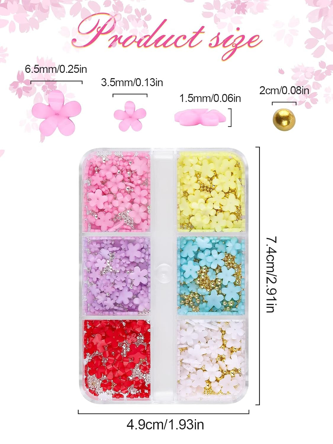 Kalolary Flowers Nail Art Charms, flores acrílicas 3D para uñas, cinco pétalos, adornos florales, gemas de uñas, diamantes de imitación, cuentas de metal mixtas para bricolaje, diseño de uñas, fabricación de joyas (2 cajas)