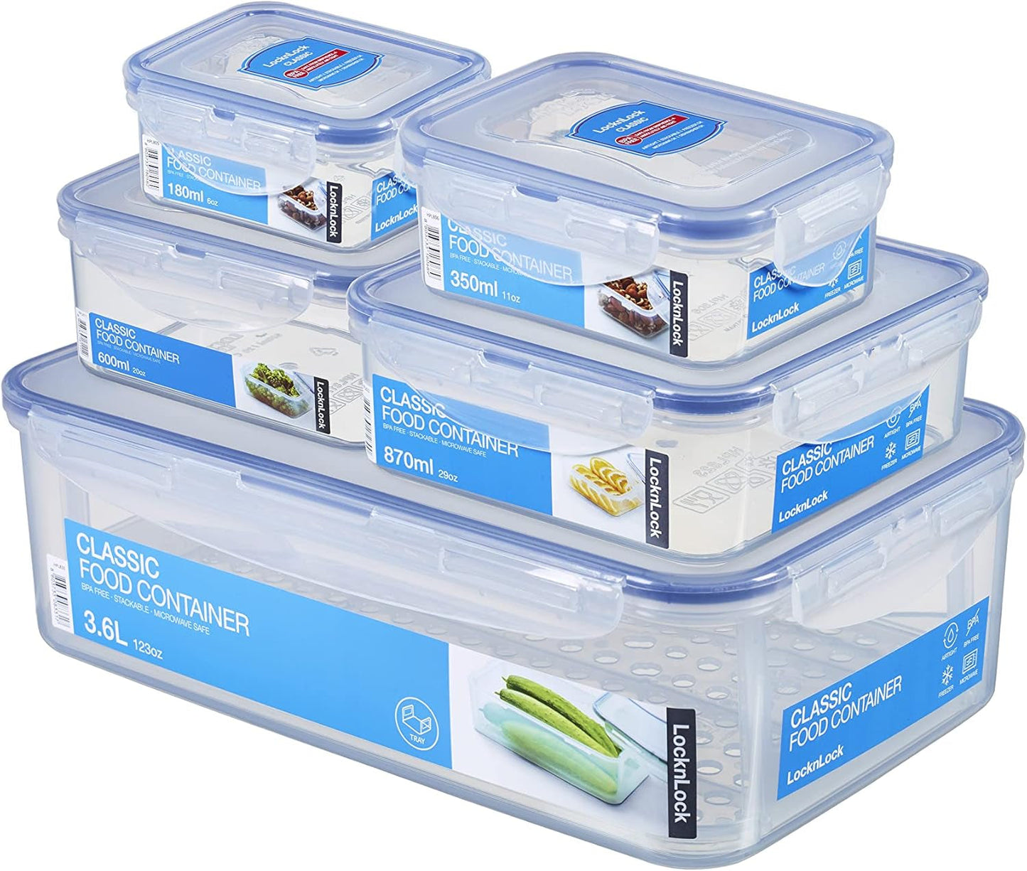 LocknLock PP Classic juego de tarros de almacenamiento de alimentos 5 piezas | 180ml, 350ml, 600ml, 870ml, 3,6L | 100% hermético al aire y al agua | sin BPA | organizador de congeladores y frigoríficos | Apto para lavavajillas y microondas Cajas para guardar alimentos Naty Shop Square 5uds.