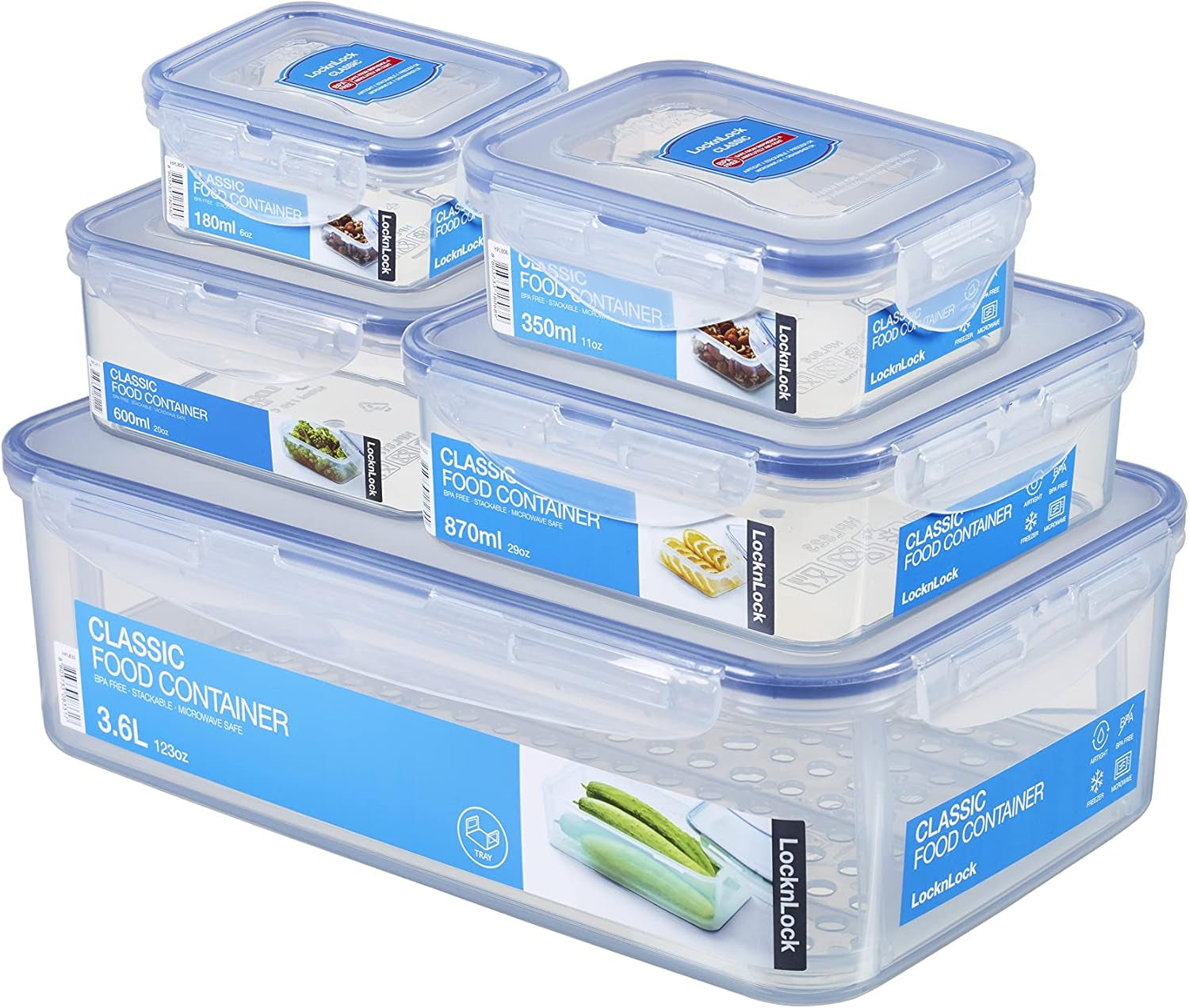 LocknLock PP Classic juego de tarros de almacenamiento de alimentos 5 piezas | 180ml, 350ml, 600ml, 870ml, 3,6L | 100% hermético al aire y al agua | sin BPA | organizador de congeladores y frigoríficos | Apto para lavavajillas y microondas Cajas para guardar alimentos Naty Shop Square 5uds.