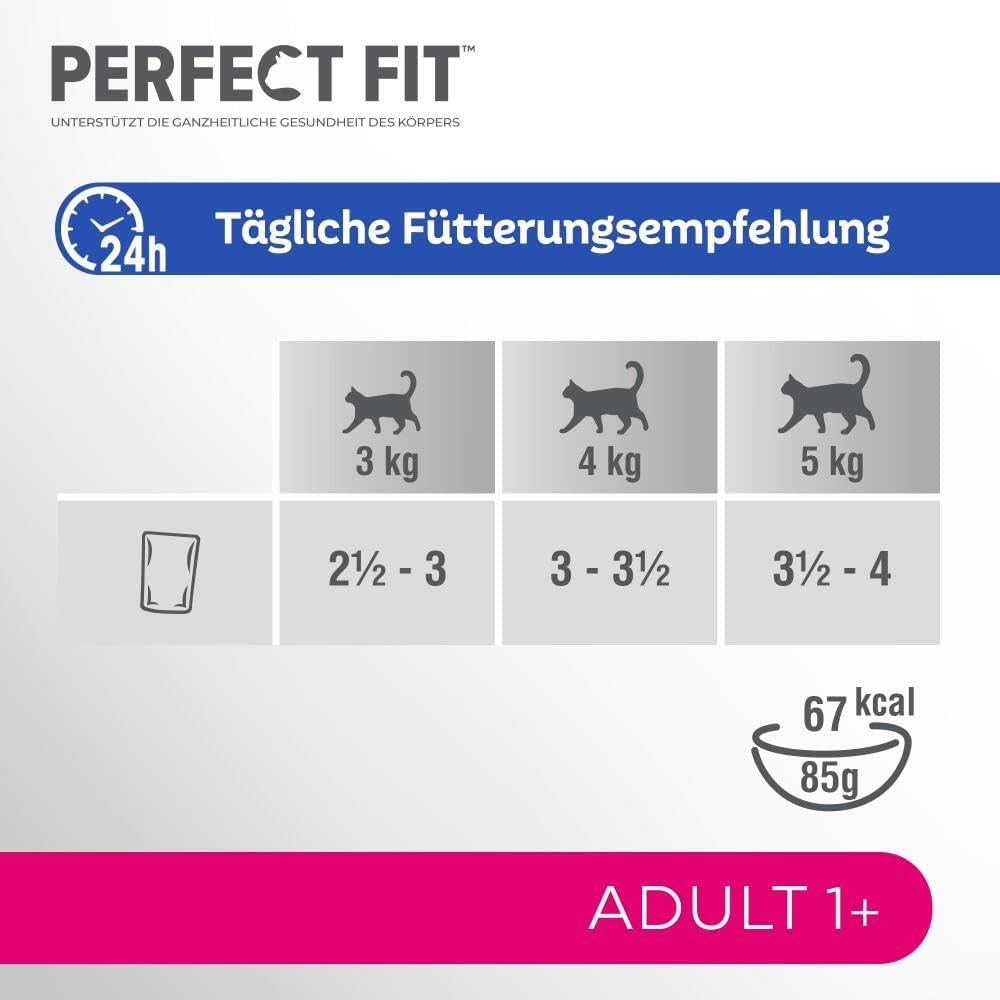 Perfect Fit Adult 1+ selección de comida húmeda con salmón, pescado de aguas profundas, ternera y pollo, 48 sobres, 12x85g (paquete de 4) - Comida húmeda premium para gatos adultos a partir de 1 año