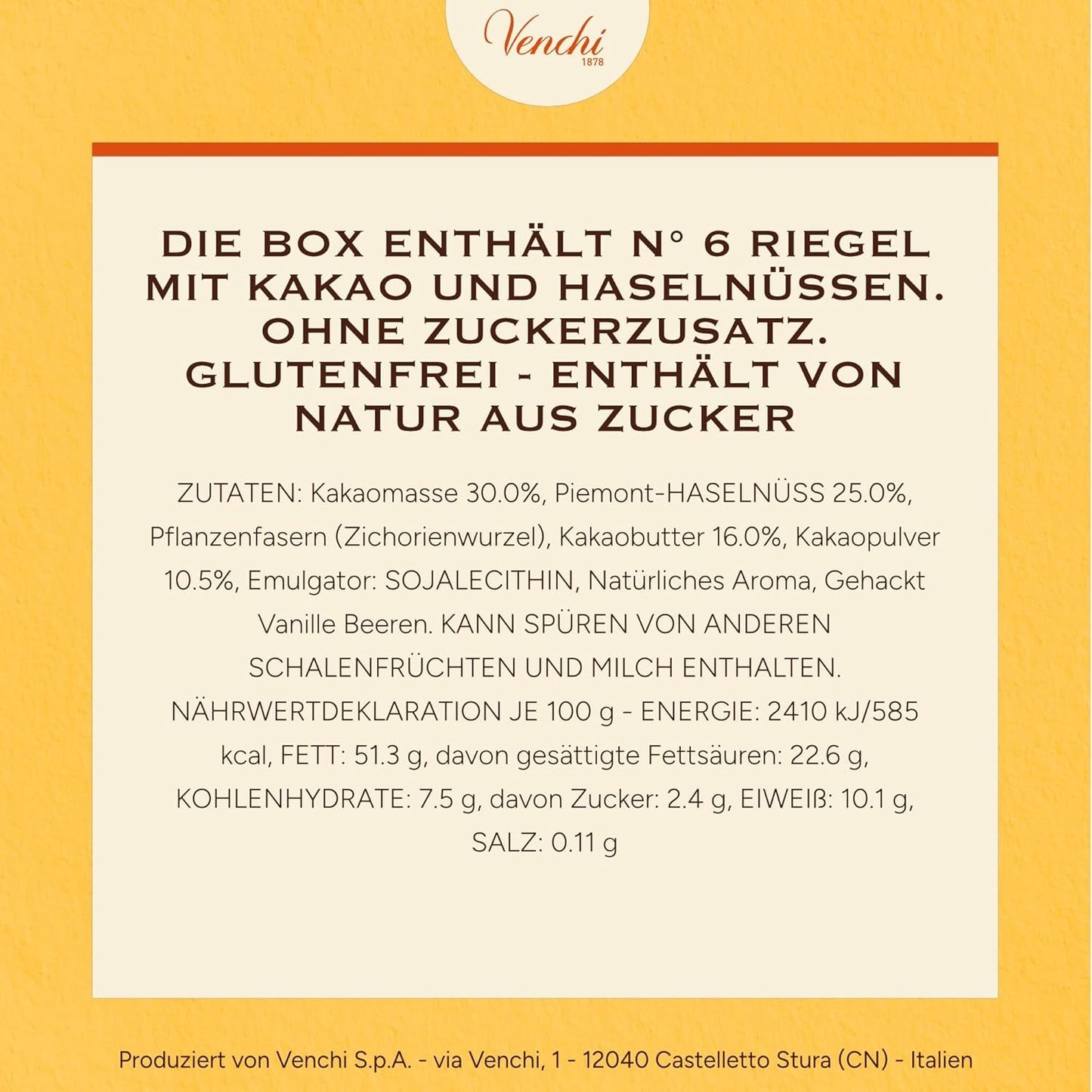 Venchi - Pack de 6 tabletas de chocolate negro con avellanas, 600g - Sin azúcares añadidos - Sin edulcorantes artificiales - Sin gluten - Vegano - Idea de regalo