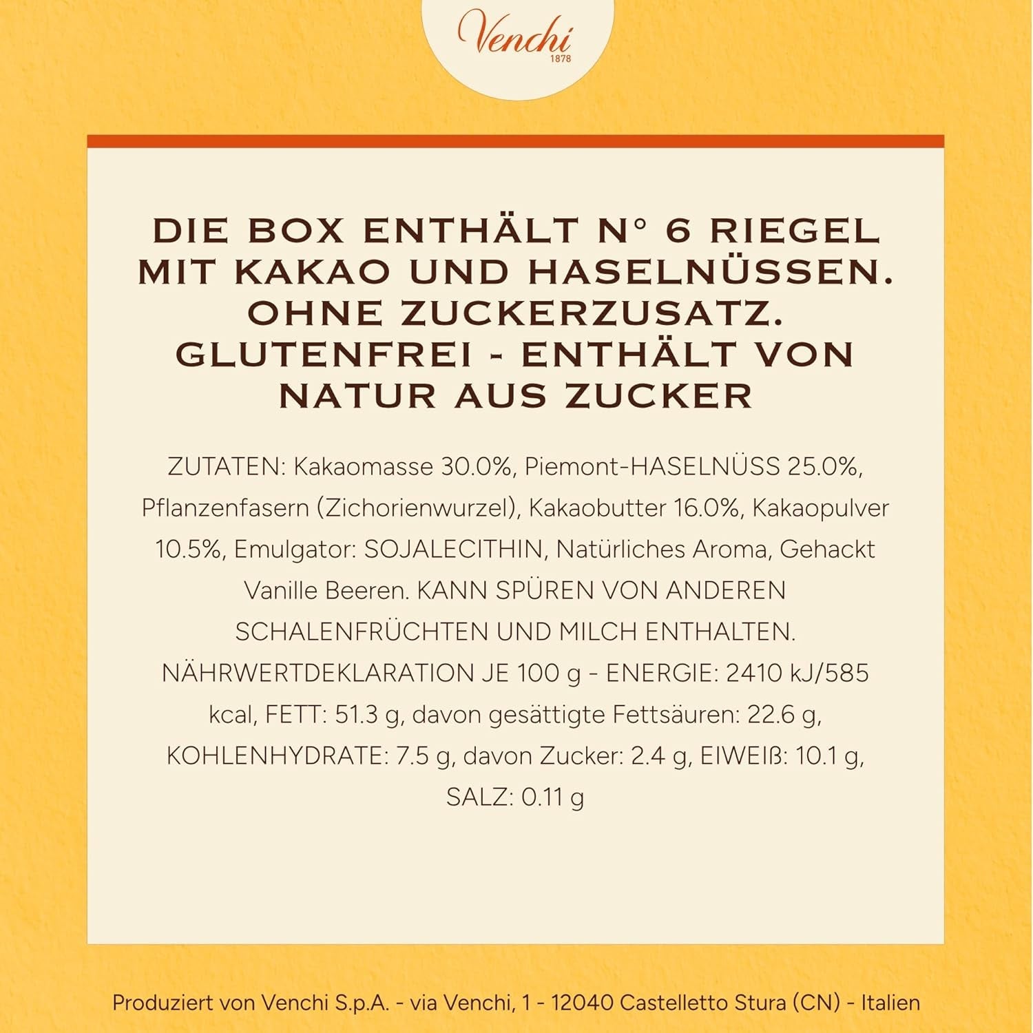 Venchi - Pack de 6 tabletas de chocolate negro con avellanas, 600g - Sin azúcares añadidos - Sin edulcorantes artificiales - Sin gluten - Vegano - Idea de regalo