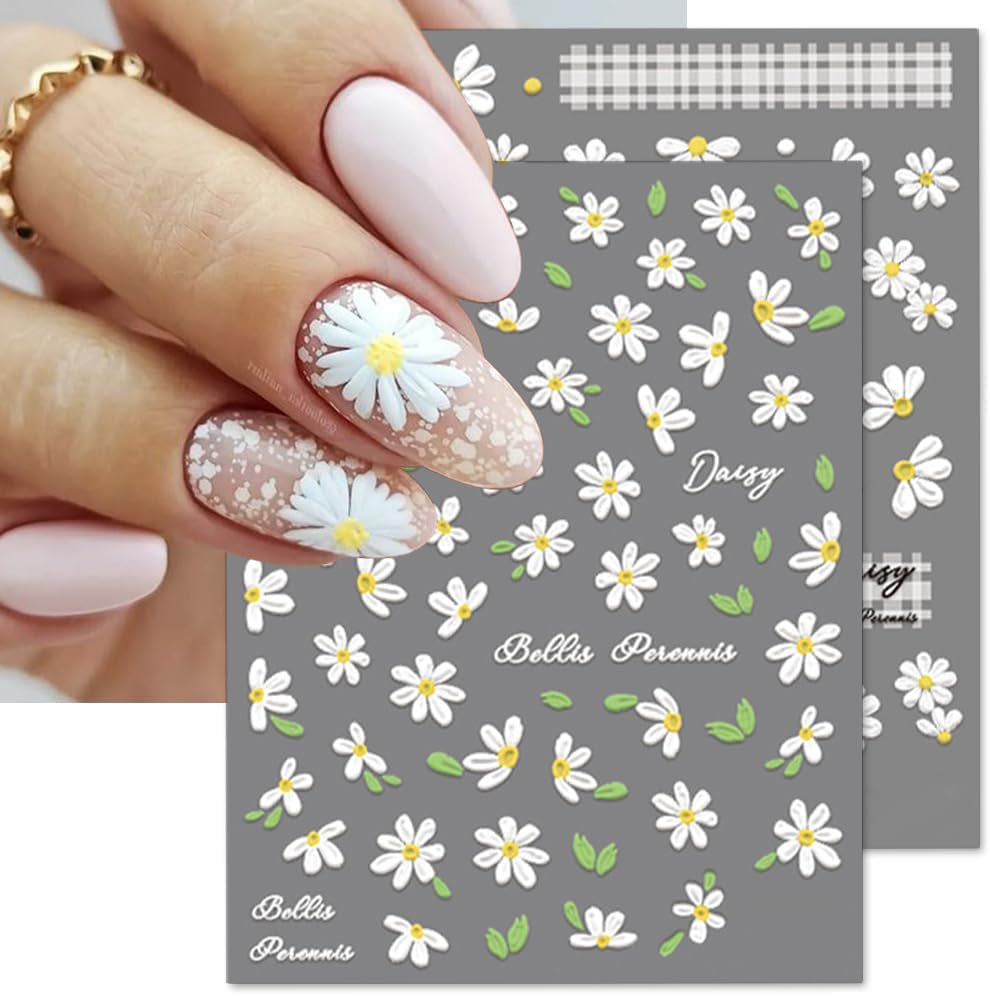 5D en relieve margaritas blancas pegatinas de uñas flores pegatinas de uñas flores pegatinas autoadhesivas pegatinas de arte de uñas margaritas accesorios de decoración de uñas pegatinas de diseño de flores arte de uñas