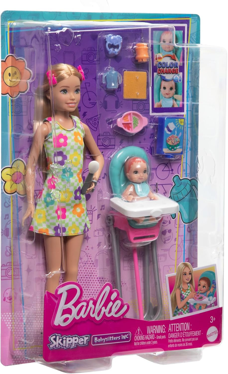 Muñeca Barbie Skipper y accesorios, juego de comida, juego de niñera, juguete que cambia de color HTK35