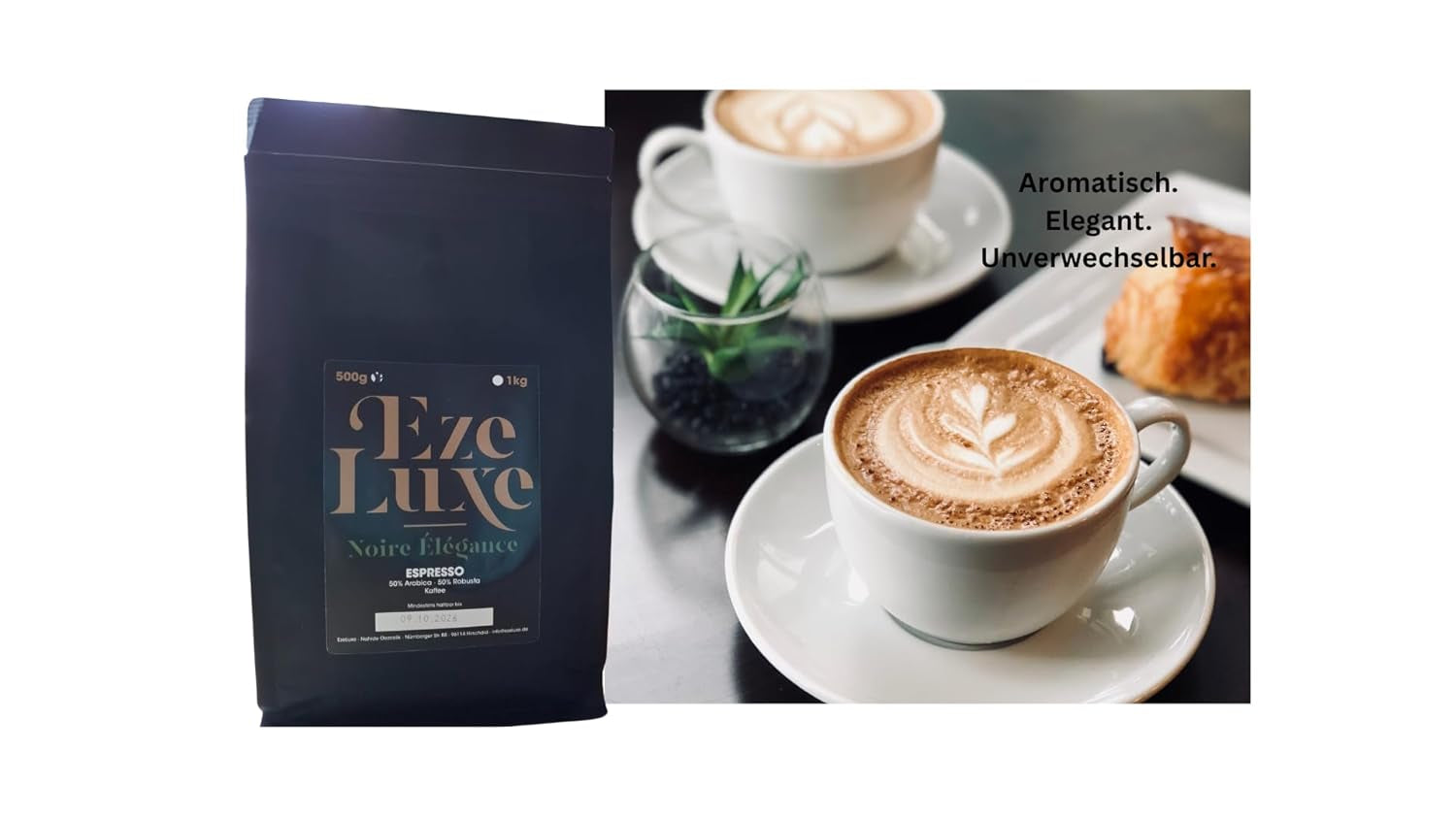 Café Espresso Noire Elegance 500 g – 50% Arábica y 50% Robusta de Brasil e India – tostado medio, fuerte y cremoso con chocolate negro – intensidad 8 – incl. máquina de café expreso gratis