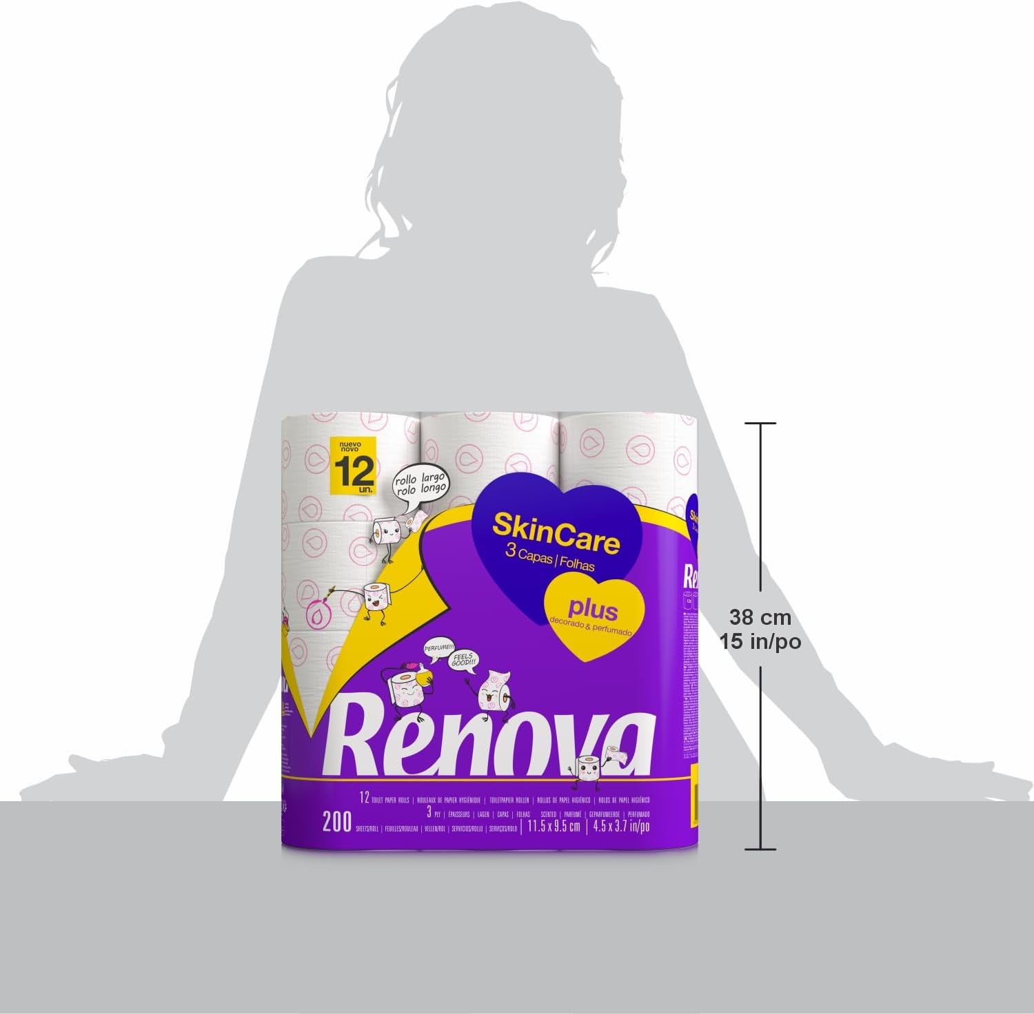 Renova - Papel higiénico Skin Care Plus, Decorado, Perfumado - 12 rollos (Papel higiénico)