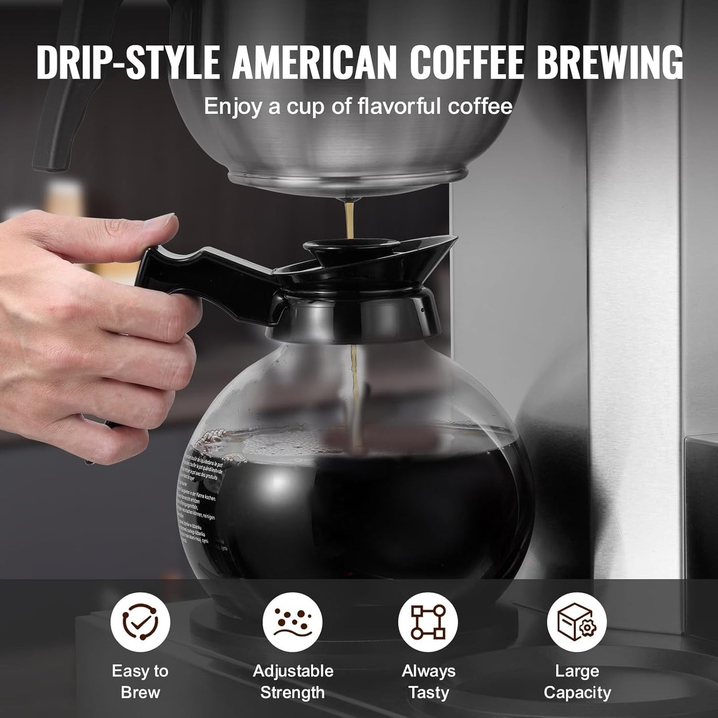 VEVOR Cafetera espresso comercial con filtro de 12 tazas con 3 garrafas de vidrio y 3 placas calefactoras Máquina de espresso de acero inoxidable con suministro automático de agua para restaurante, oficina, cafetería