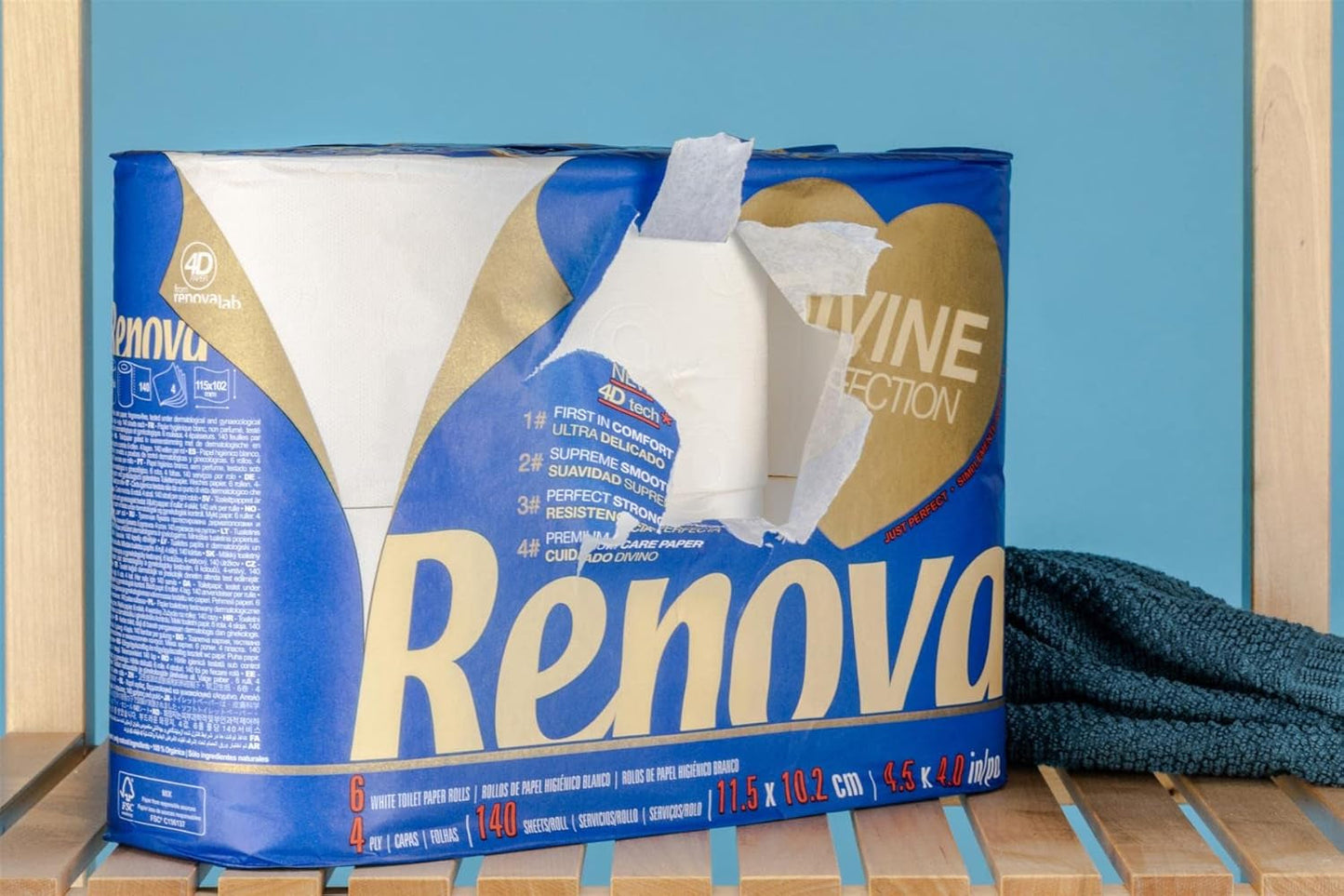 Renova Papel higiénico Renova Divine Perfection, 42 rollos, papel higiénico premium, 4 capas, ultra suave, extrafuerte, grueso, suave y absorbente, papel certificado Fsc, 4400G