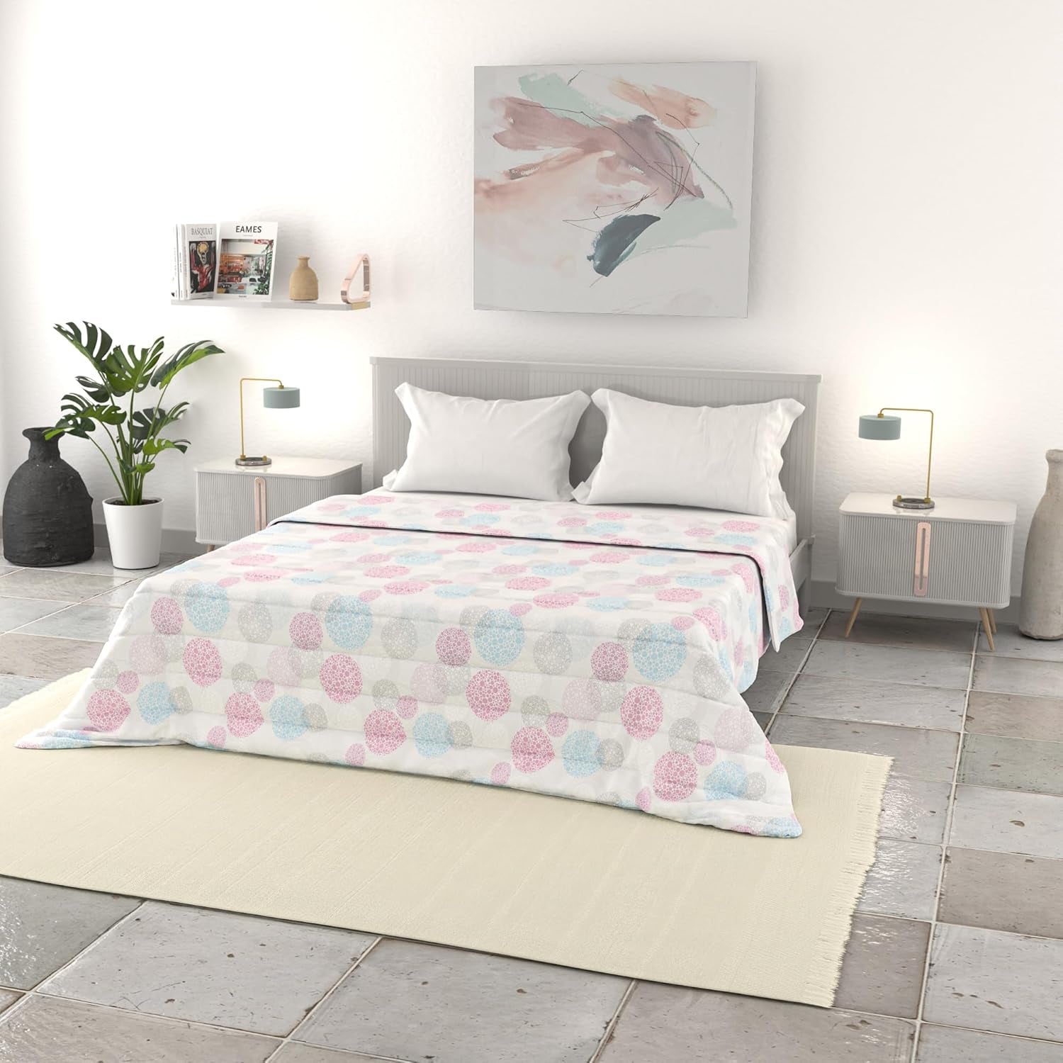 Ropa de Cama Italiana Edredón Básico de Verano, Microfibra Estampada, 250X240Cm, Círculo Colchas y Edredones Naty Shop Molecule 250X240Cm