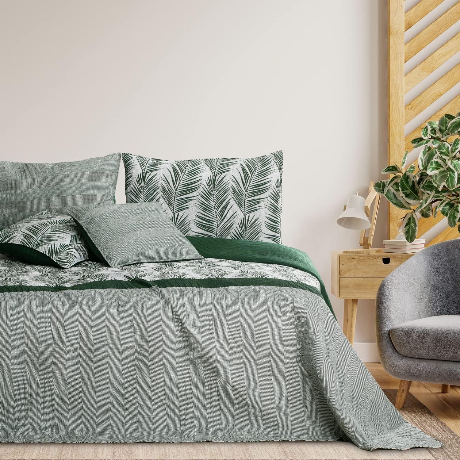 Ameliahome Colcha Colcha 170X210 Cm Colcha De Doble Cara De Fácil Cuidado Estampado De Plantas Verde Blanco Tropical Bonaire Camas y Mantas Besuche den AmeliaHome-Store