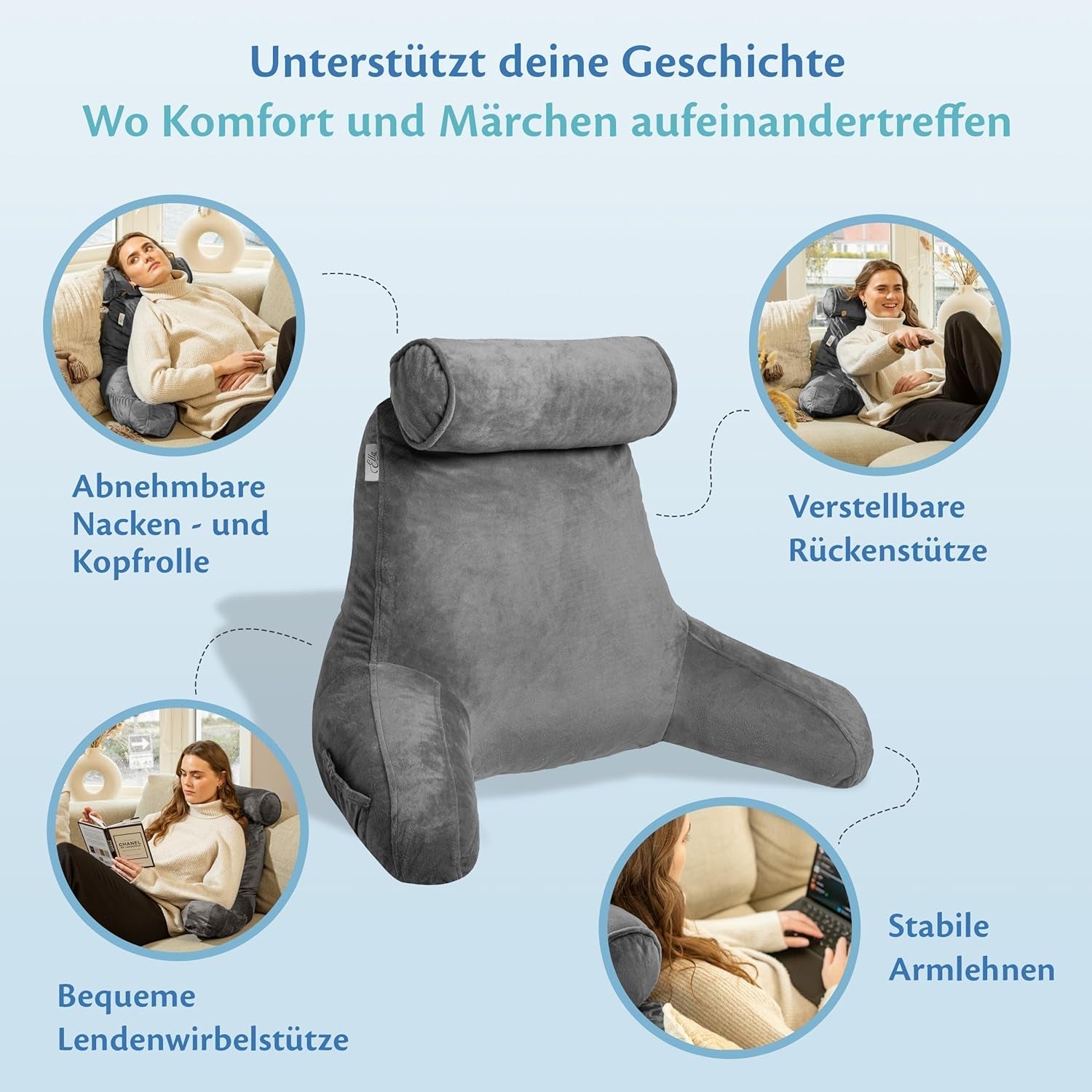 Ella Almohada de Lectura para Cama y Sofá con Rollo para el Cuello Desmontable - Almohada de Respaldo para Cama - Almohada de Lectura de Espuma Viscoelástica con Reposabrazos, Ideal para Leer, Ver TV, Relajarse o Como Respaldo - Gris
