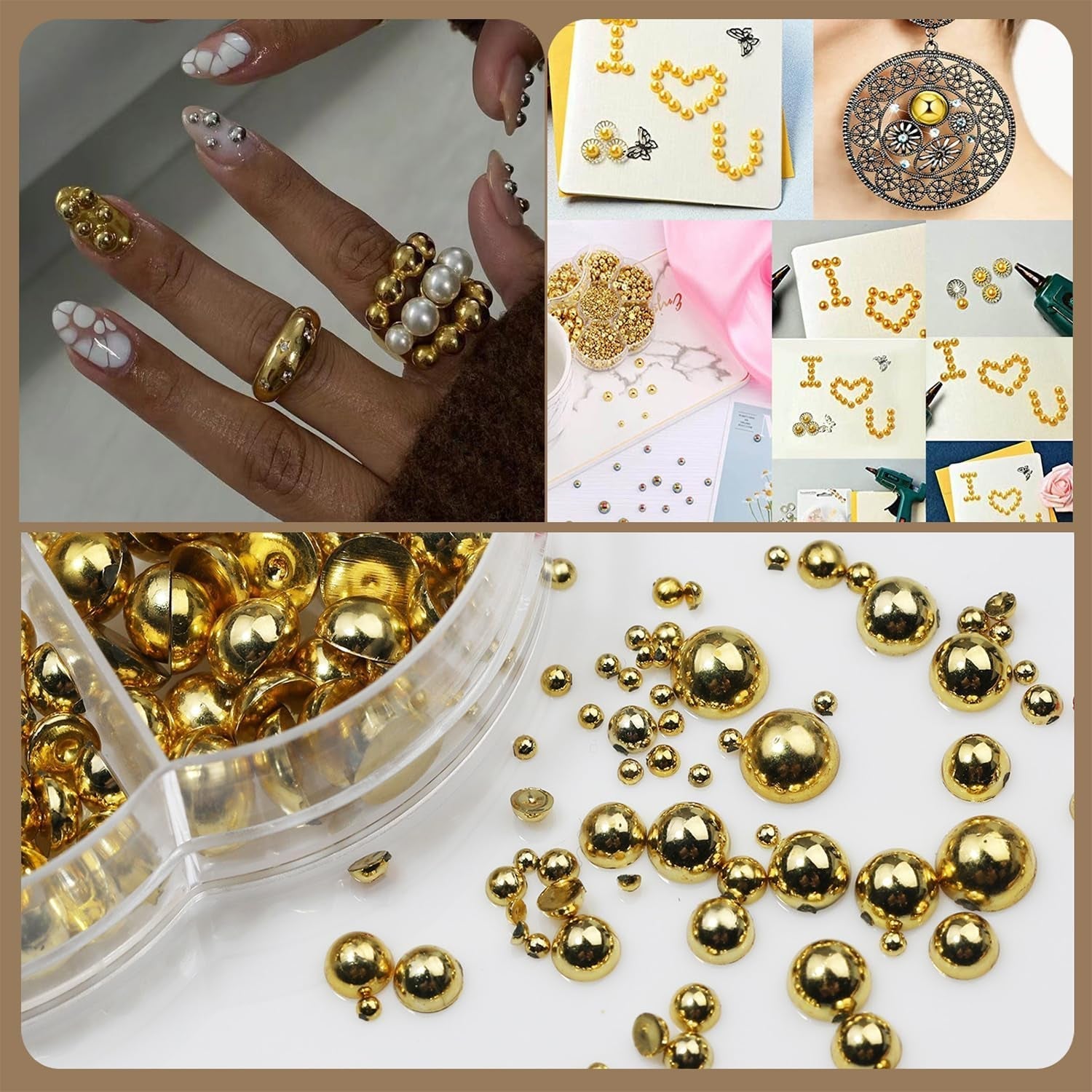GZMAYUEN 920 Uds. Perlas planas doradas y plateadas para uñas, perlas de uñas color beige medio blanco, perlas pequeñas Halbrunde con parte posterior plana para decoración de uñas DIY