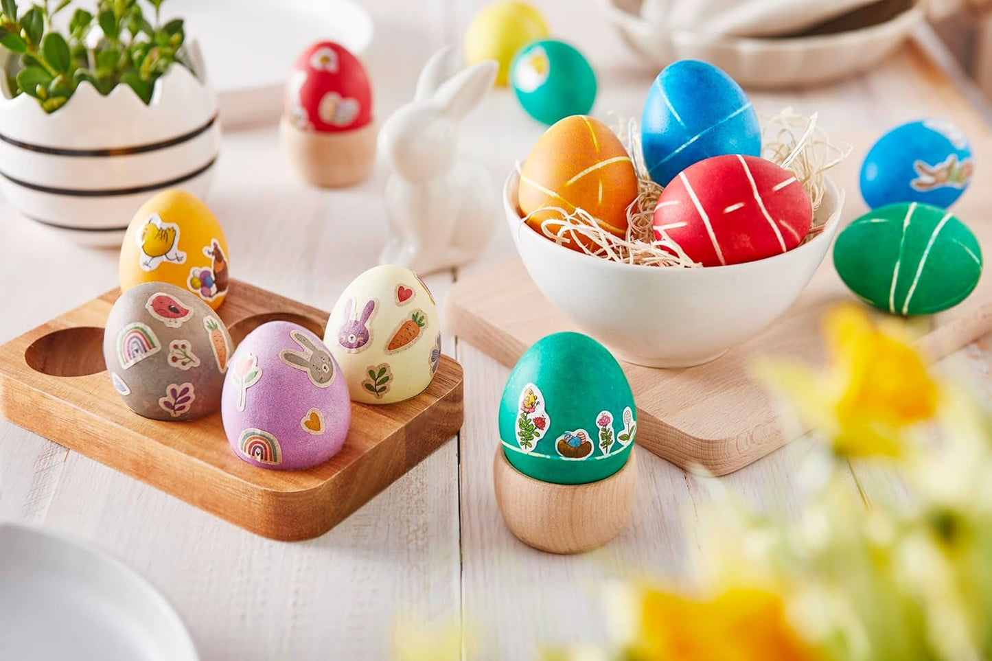 Heitmann Egg Dye Juego de tintes naturales, 3 tintes en polvo para huevos (amarillo, morado, gris azulado), hoja de pegatinas de papel de hierba