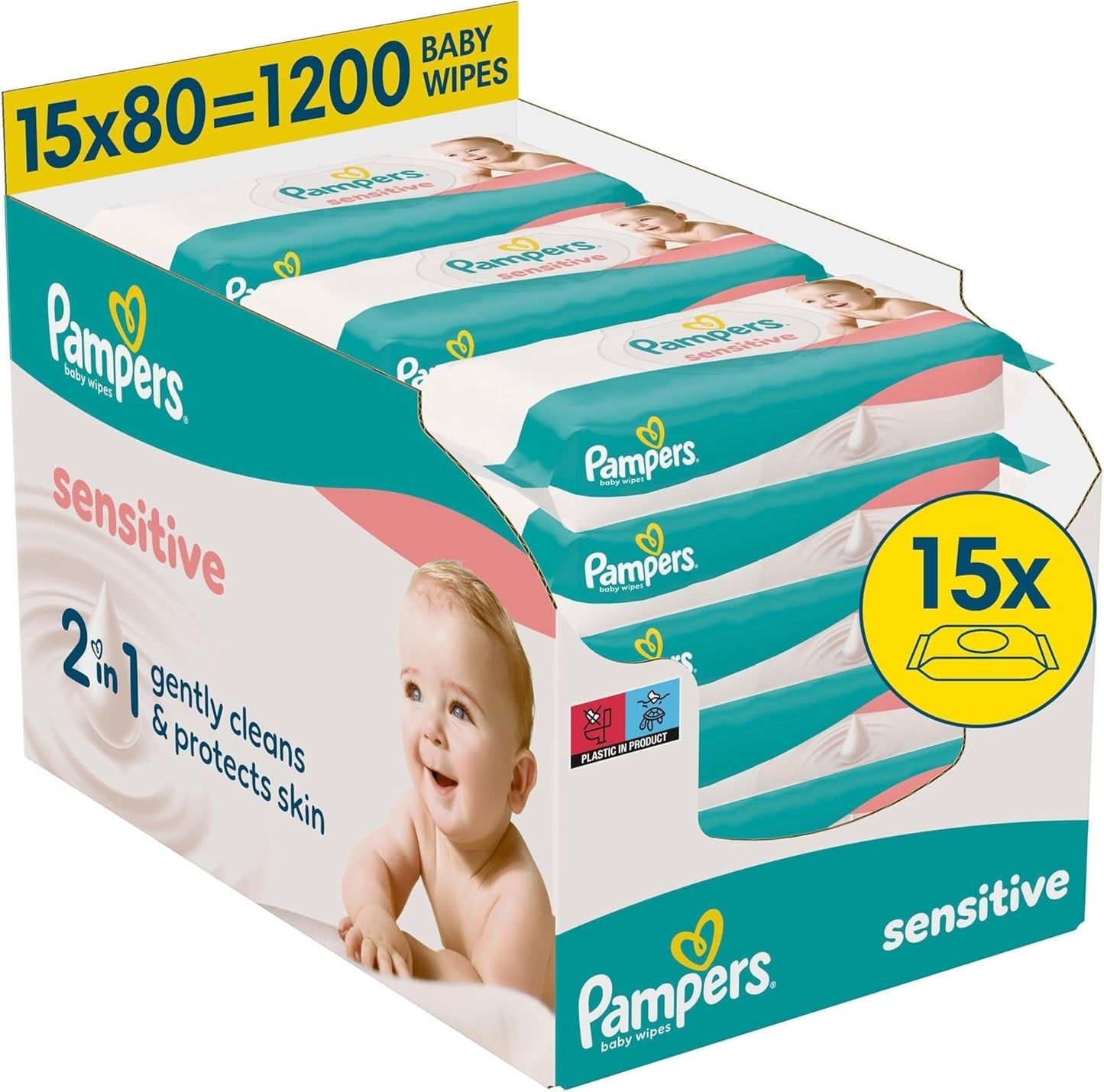 Toallitas para bebé Pampers Sensitive, paquete de 15 de 80 toallitas, 1200 toallitas para bebé, limpieza suave y protección de la piel 2 en 1