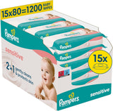 Toallitas para bebé Pampers Sensitive, paquete de 15 de 80 toallitas, 1200 toallitas para bebé, limpieza suave y protección de la piel 2 en 1