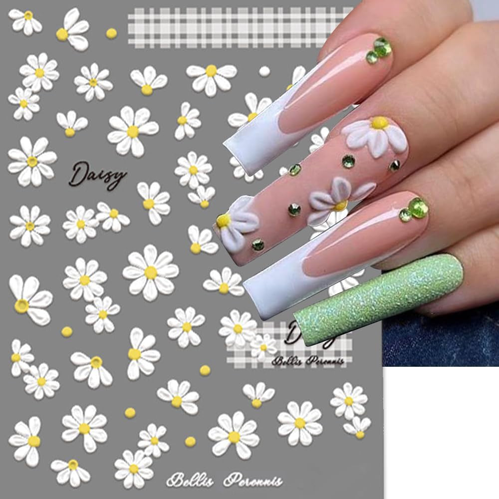 5D en relieve margaritas blancas pegatinas de uñas flores pegatinas de uñas flores pegatinas autoadhesivas pegatinas de arte de uñas margaritas accesorios de decoración de uñas pegatinas de diseño de flores arte de uñas