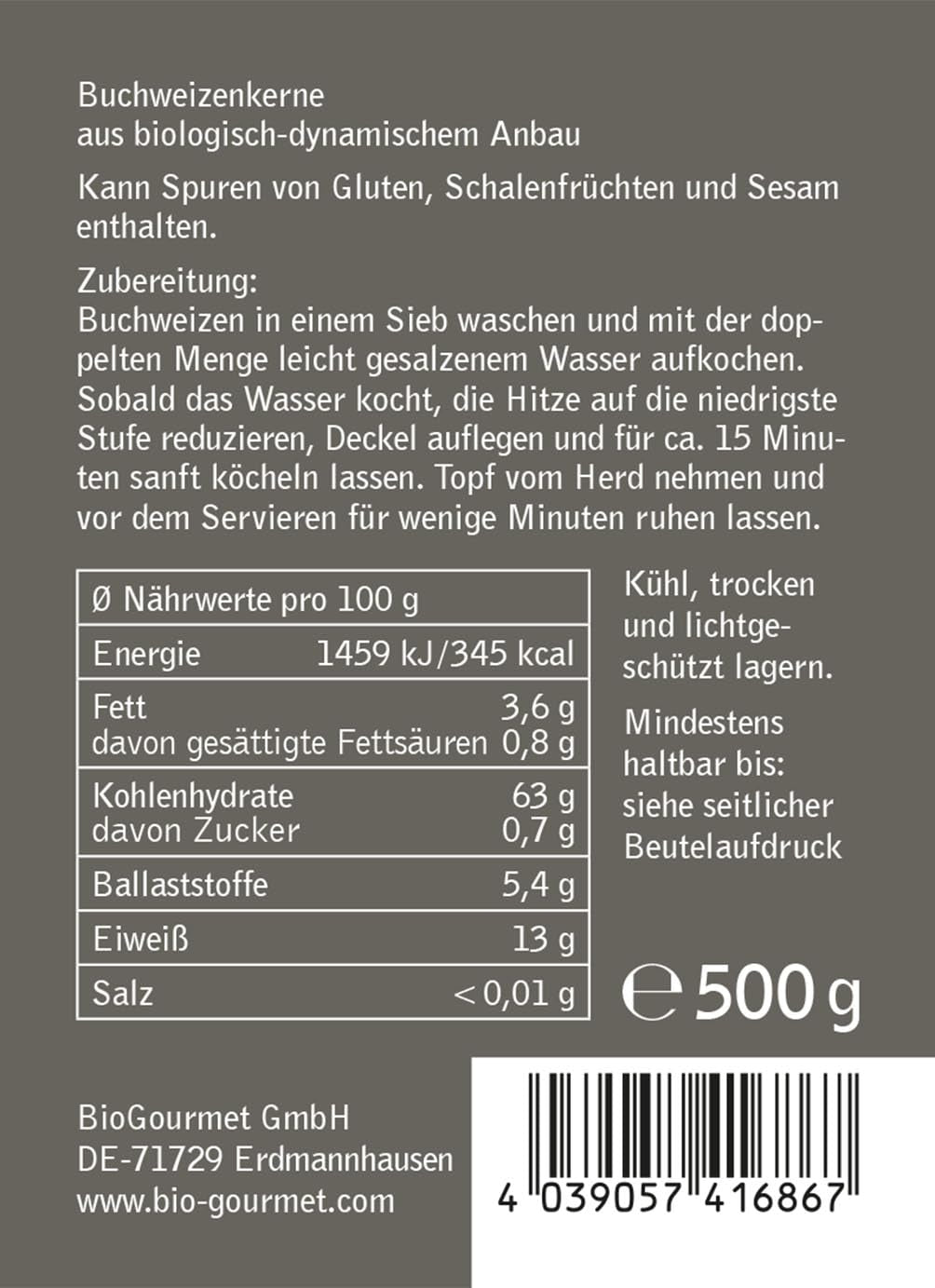Trigo Sarraceno BioGourmet Demeter – Bolsa 500g | Sin gluten, rico en fibra y regional | De agricultura ecológica alemana (Baden-Württemberg/Baviera) | Ideal para muesli, ensaladas y guarniciones.