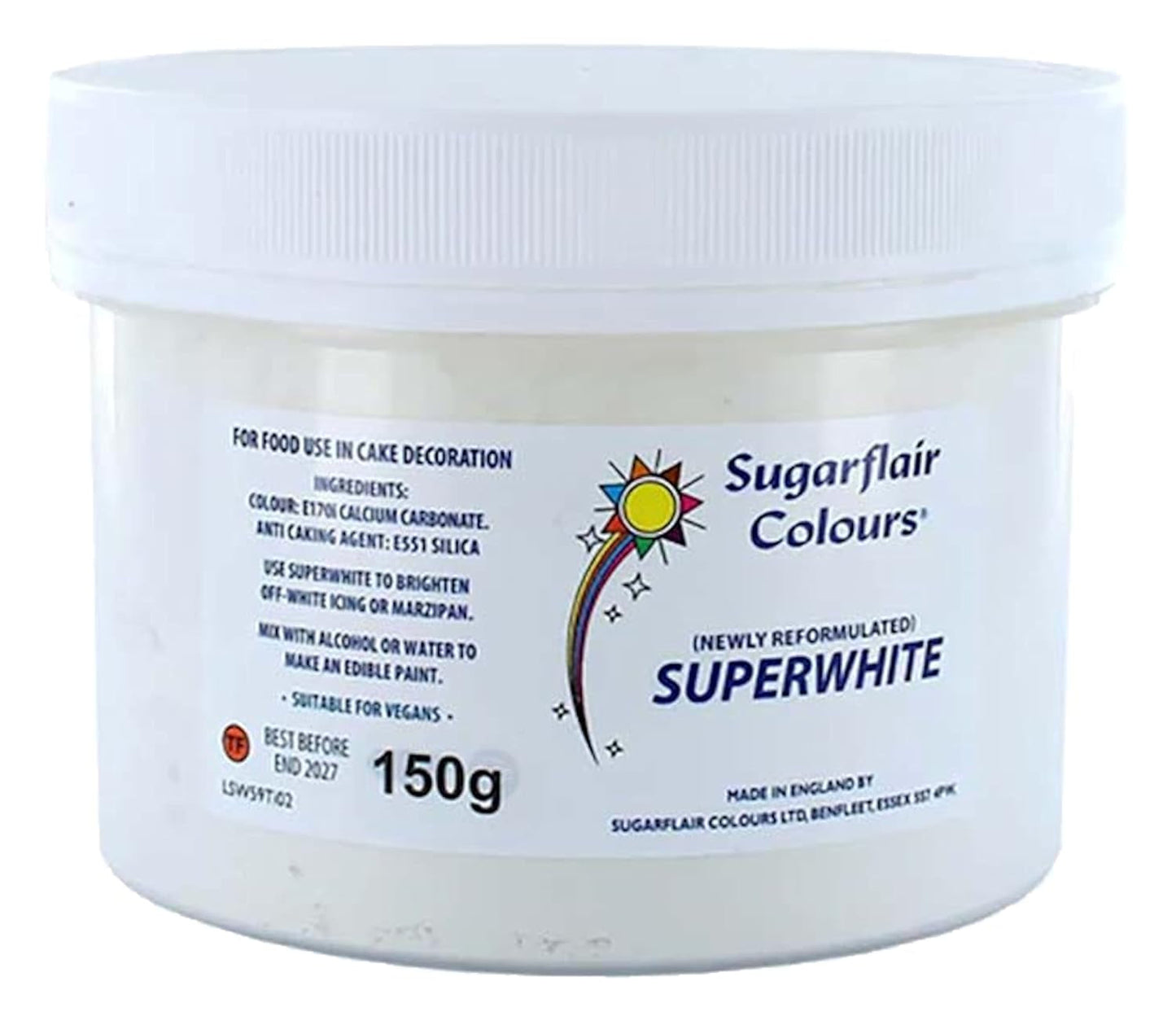 Lejía para glaseado superblanca Sugarflair, lejía para glaseado para glaseado real, colorante alimentario comestible extra blanco - 150 g