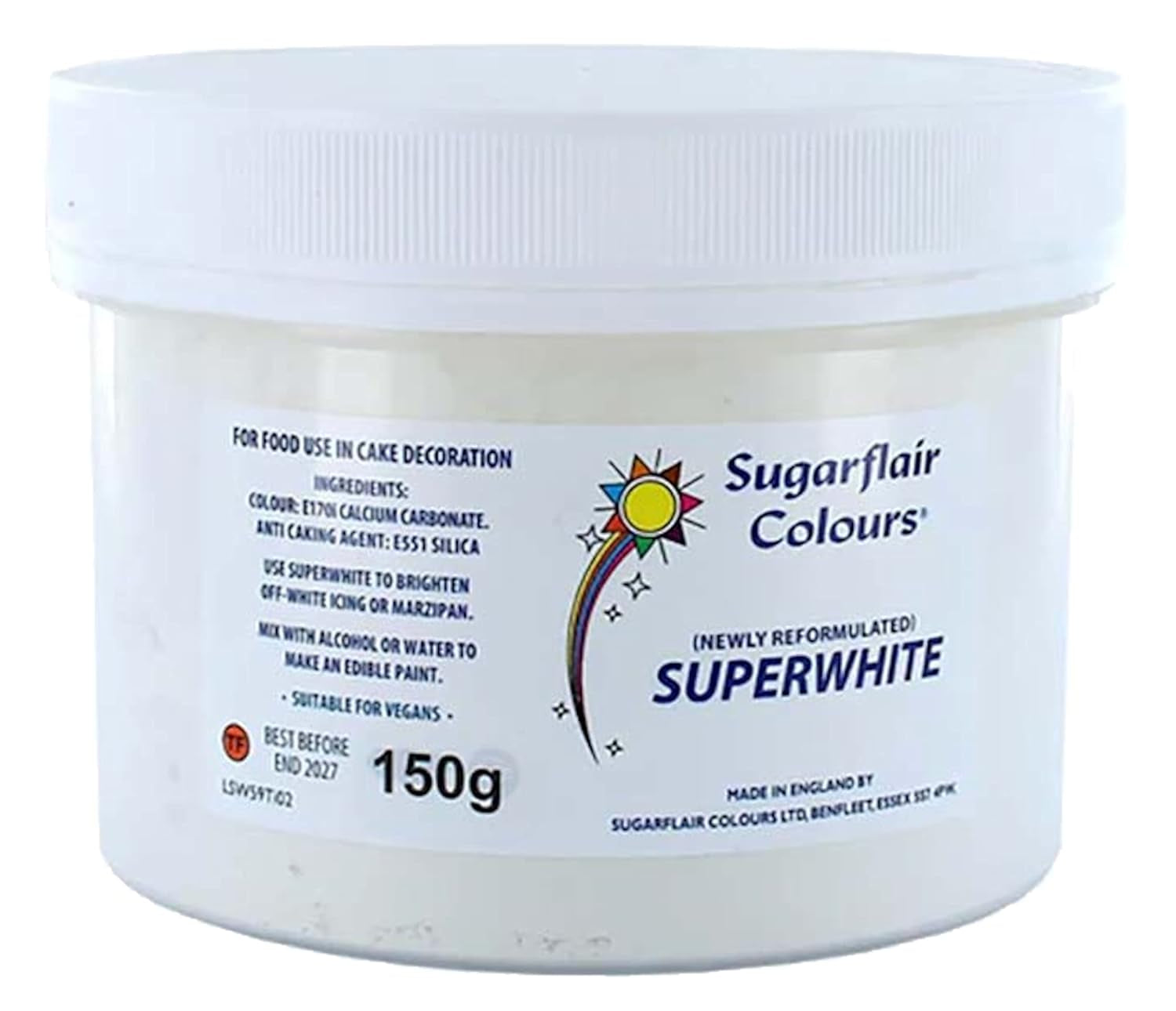 Lejía para glaseado superblanca Sugarflair, lejía para glaseado para glaseado real, colorante alimentario comestible extra blanco - 150 g