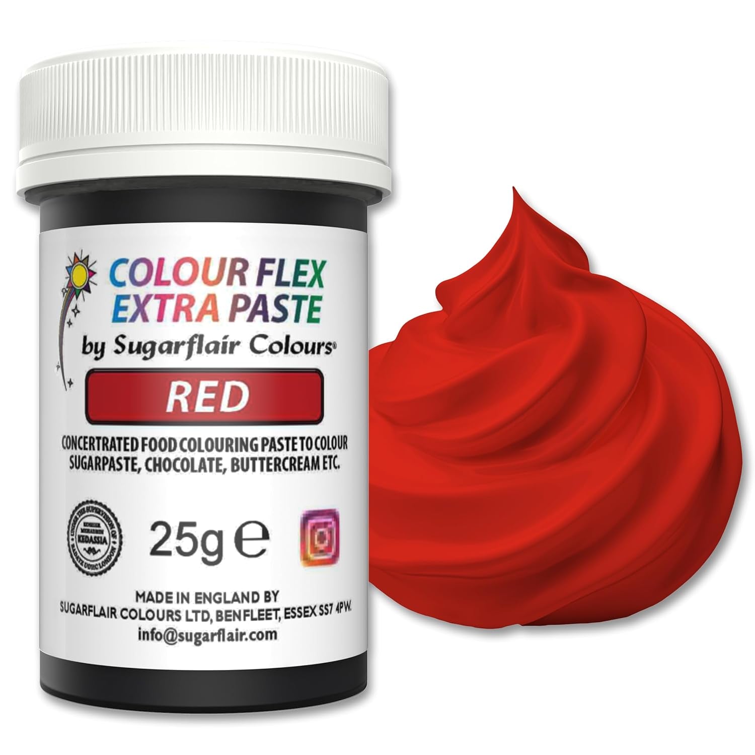 Colorante alimentario Sugarflair Colourflex Extra Paste, rojo - Colorante alimentario comestible para crema de mantequilla, chocolate, pasta de azúcar, glaseado, fondant, mezclas para pasteles, masa y más - 25 g