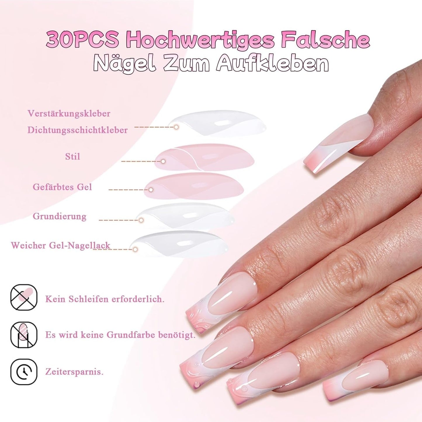 30 uñas postizas francesas – Pegamento en uñas artificiales – Uñas de gel suave para mujer – Uñas adhesivas acrílicas manicura cuadrada (rosa francés)