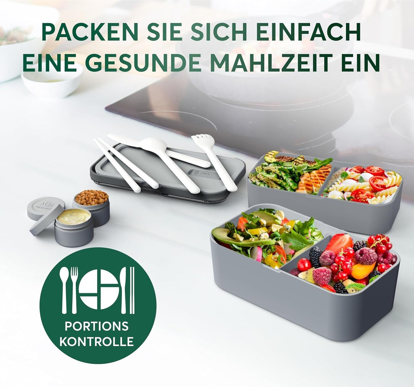 Umami Fiambrera para Adultos, Fiambrera Bento Apilable con 4 Cubiertos y Compartimentos, Fiambrera para Adultos, Contenedor de Ensalada para Llevar, Fiambrera para Picnic/Oficina, Gris Antracita, Cajas de Almacenamiento de Alimentos 1500ml Naty Shop