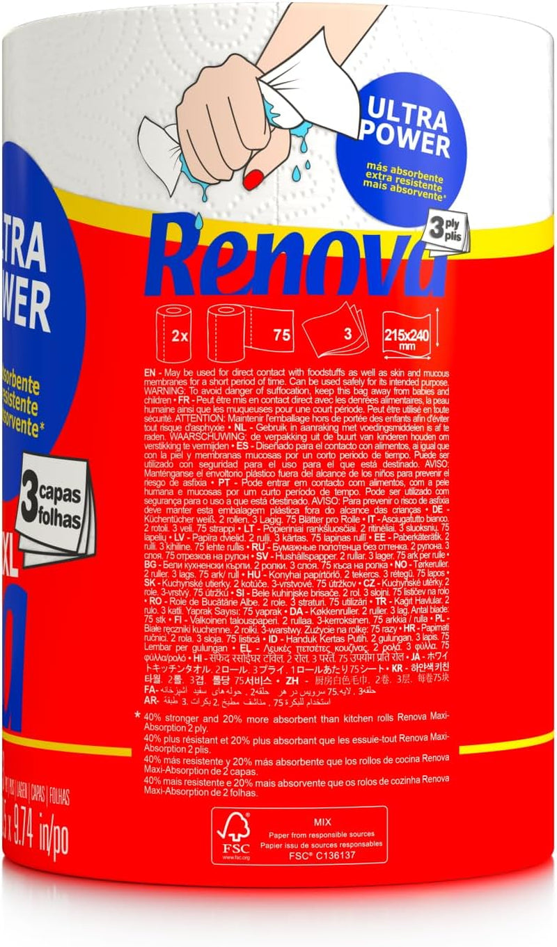 Rollos de cocina Renova Renova Ultrapower | 24 rollos XXL = 60 rollos estándar | 3 capas ultraabsorbentes y de máxima resistencia | papel certificado fsc