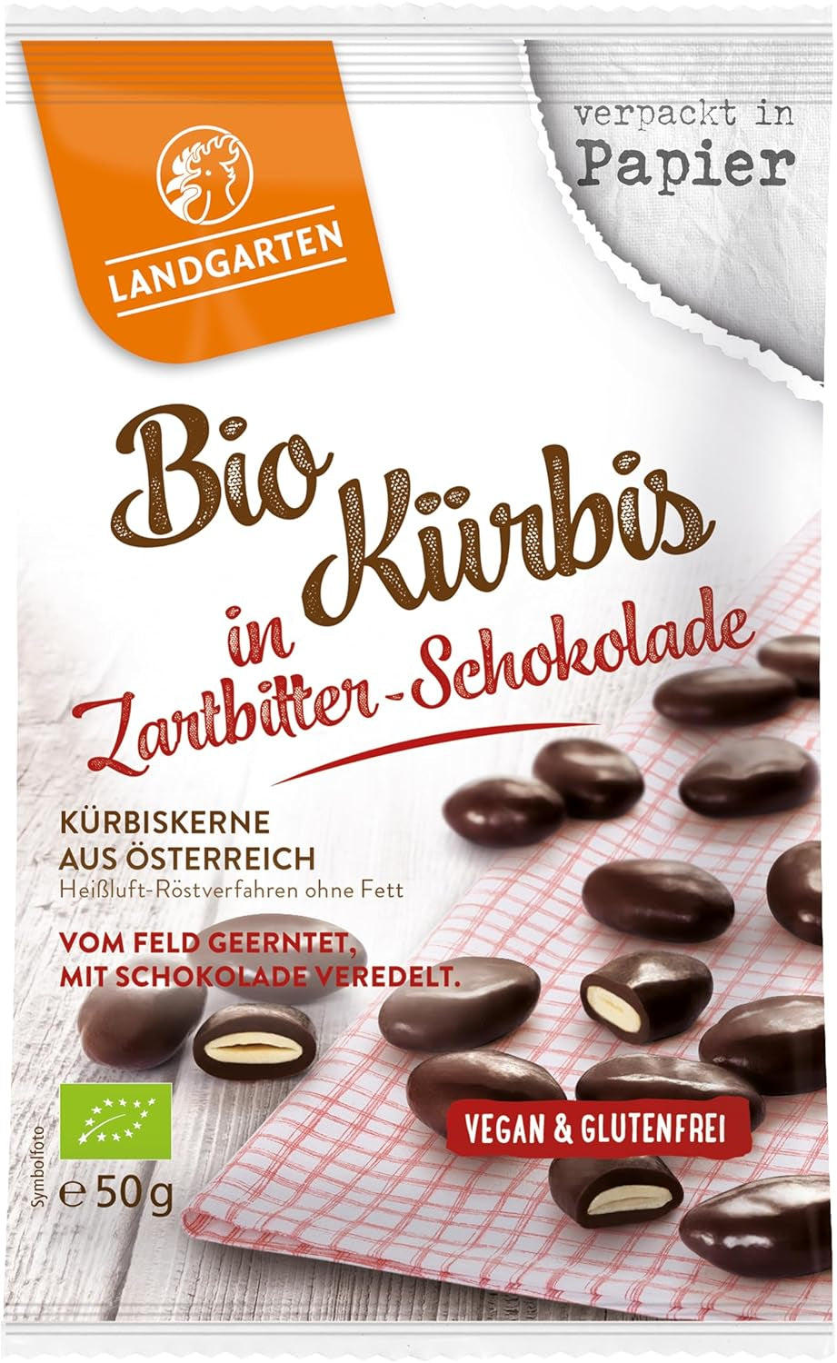 Landgarten Semillas de Calabaza Orgánicas en Chocolate Negro - Snack Vegano de Chocolate con Semillas de Calabaza Tostadas - Fuente de Magnesio - 1 x 50 g