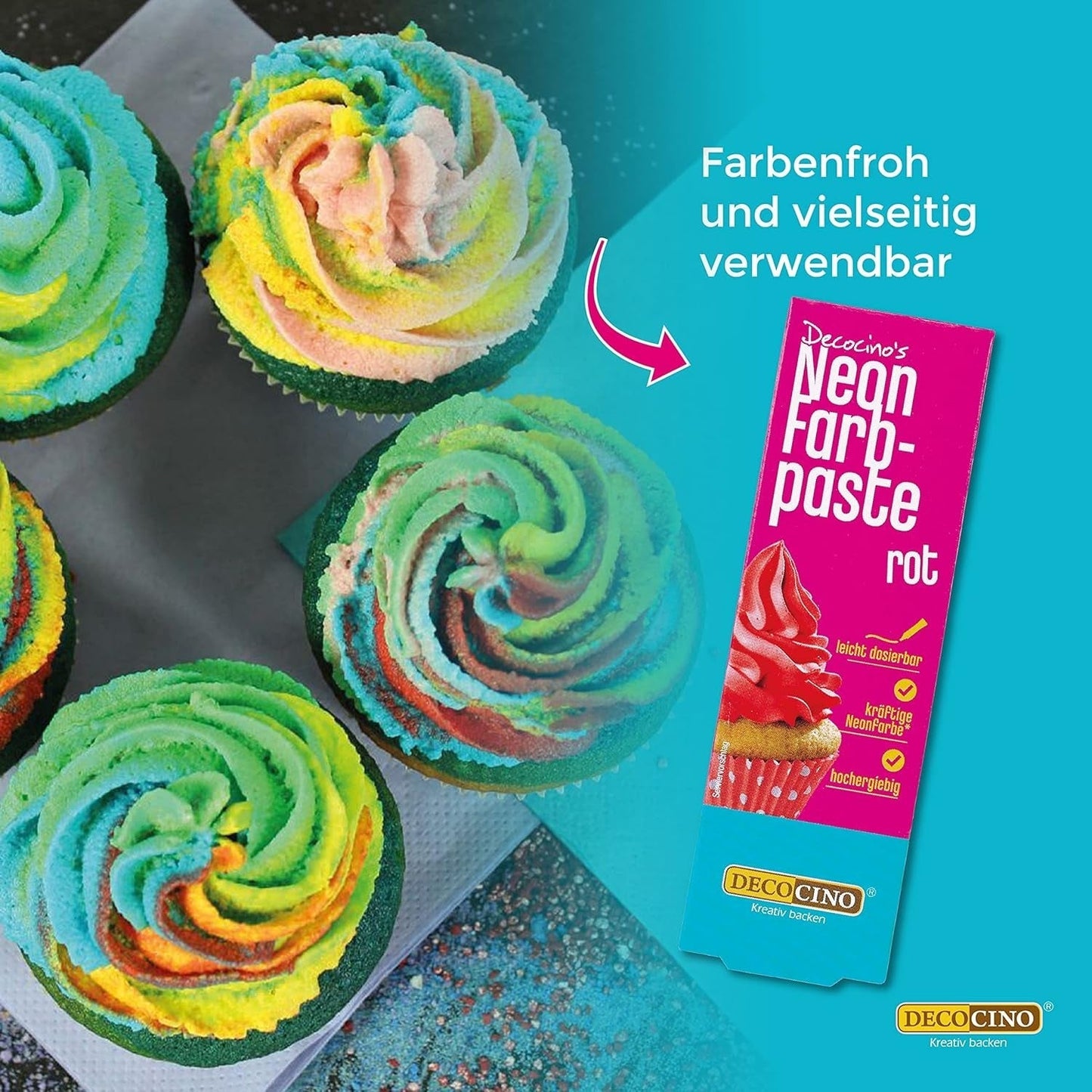 Decocino Neon Food Paste Red - Colorante alimentario en dosis altas - Para colorear tartas, muffins, cupcakes - Insípido