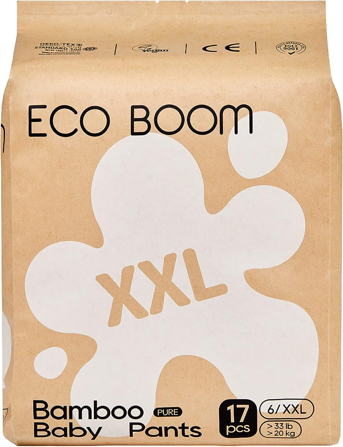 Pañales de bambú para bebé ECO BOOM - Tamaño 6 (20 kg), pañales extraíbles a base de plantas (17 piezas) - Orgánicos de primera calidad, sin fragancia, respetuosos con la piel, súper absorbentes