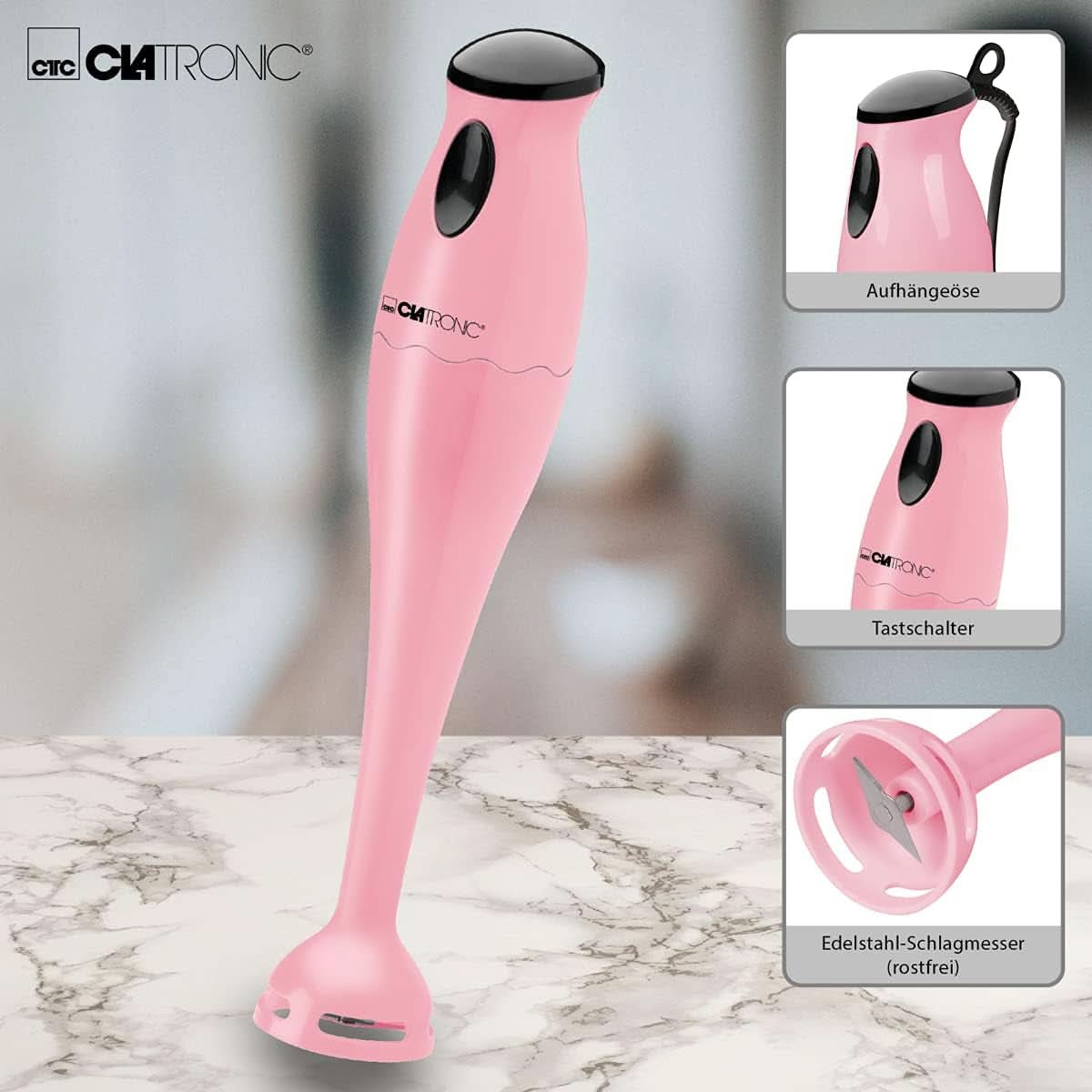 Clatronic Stabmixer/Pürierstab/Blender/Stab-Mixer/Stick/Mixstab SM 3577; Edelstahl-Schlagmesser; Para batidos, kürbispüree, babybrei, batidos; Mit Mixbehälter (500 Ml); 180 vatios; Tienda Naty Cocina Rosa