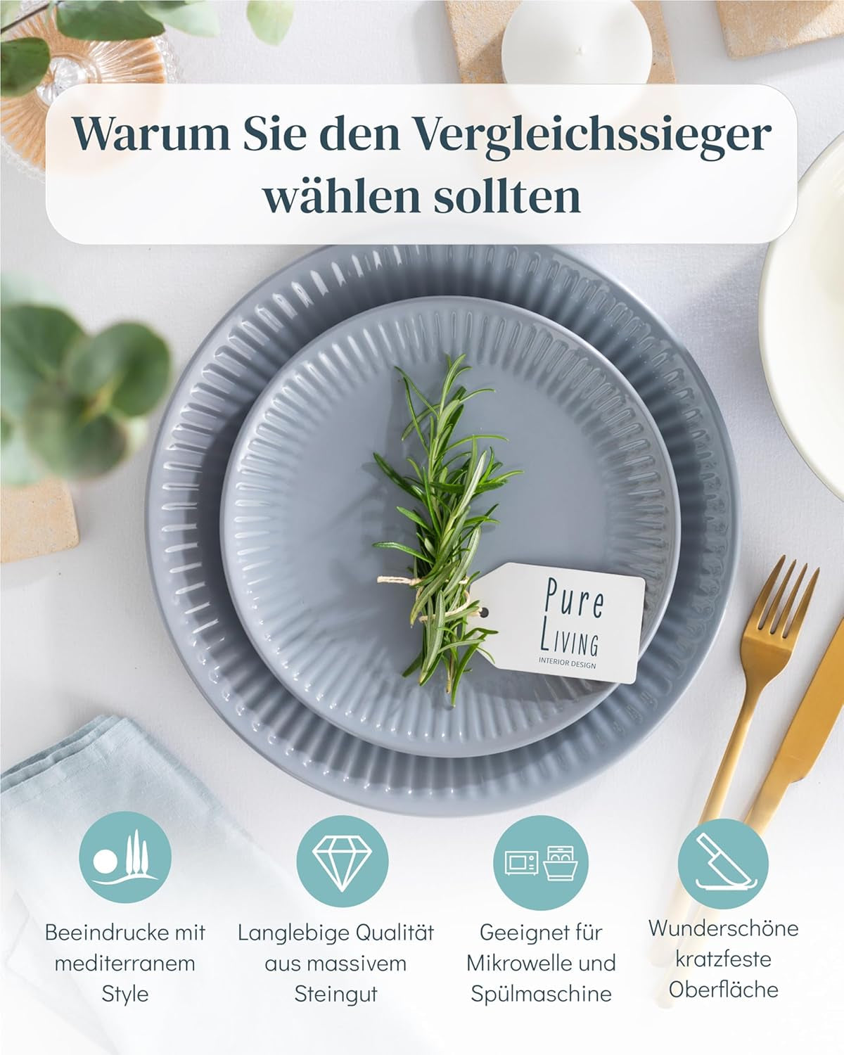 Vajilla de cerámica para 6 personas, Hygge, 24 piezas. GANADOR DE LA PRUEBA Juego de platos y cuencos de gres escandinavo Dreamy, servicio de mesa para 6 juegos de vajilla Pure Living en gris azul