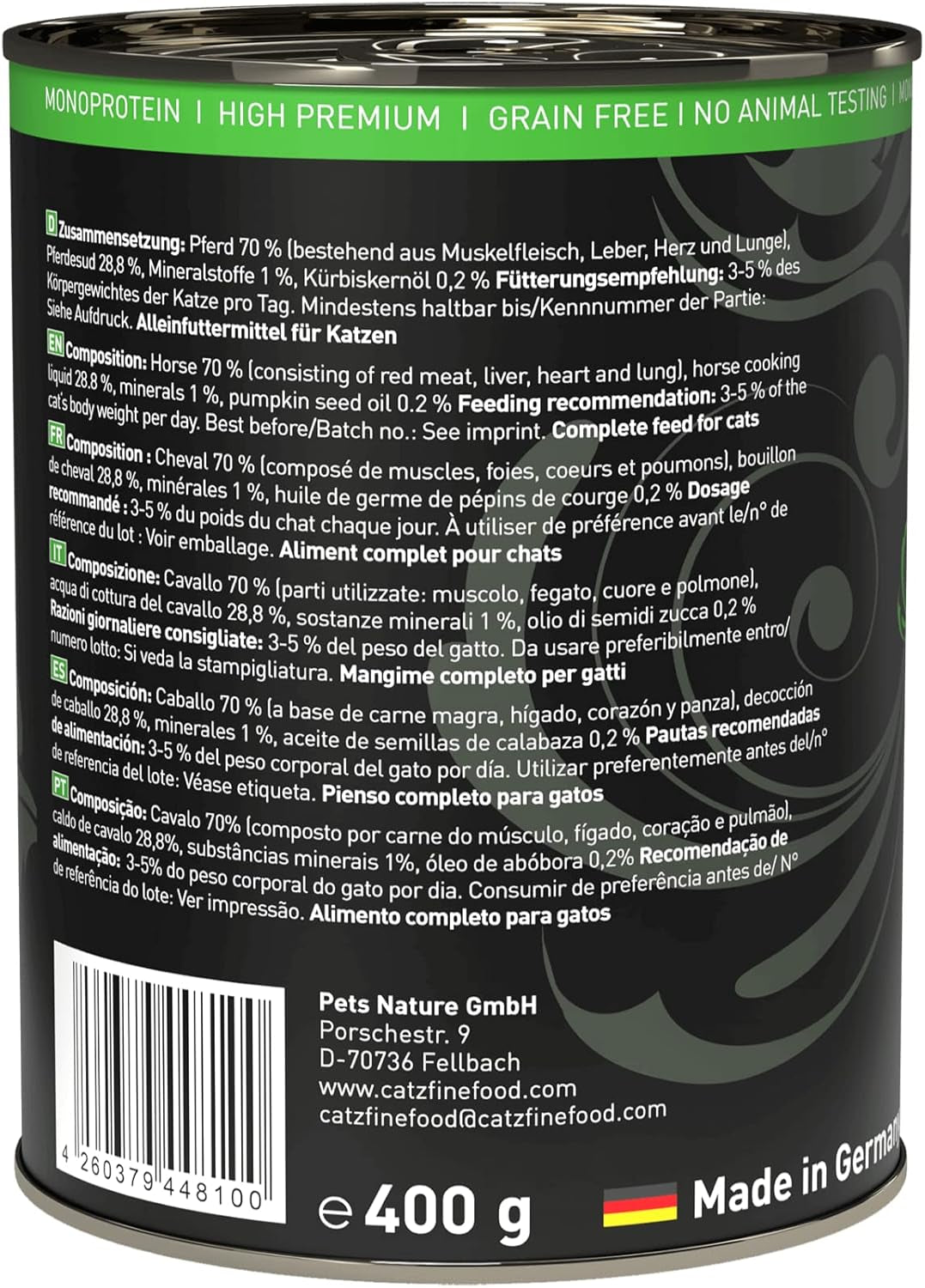 Comida húmeda para gatos Catz Finefood Purrrr Horse Monoprotein no. 123, para gatos con digestión sensible, 70% de contenido de carne, 6 cajas x 400 g