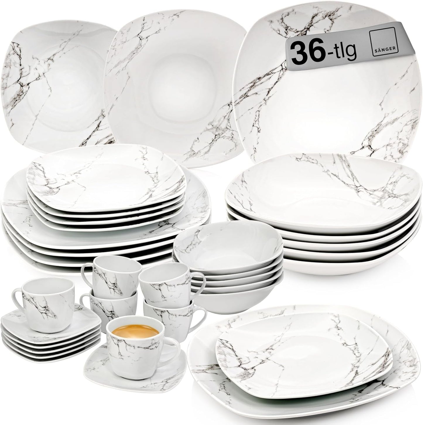SANGER | Bilgola Juego de vajilla combinada de mármol Juego de vajilla de 36 piezas para 6 con platos llanos, platos de postre, platos de suma, tazones de cereales, platos de café y platillos de porcelana, cuadrado | LA COLECCIÓN PREMIUM