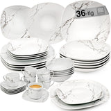 SANGER | Bilgola Juego de vajilla combinada de mármol Juego de vajilla de 36 piezas para 6 con platos llanos, platos de postre, platos de suma, tazones de cereales, platos de café y platillos de porcelana, cuadrado | LA COLECCIÓN PREMIUM