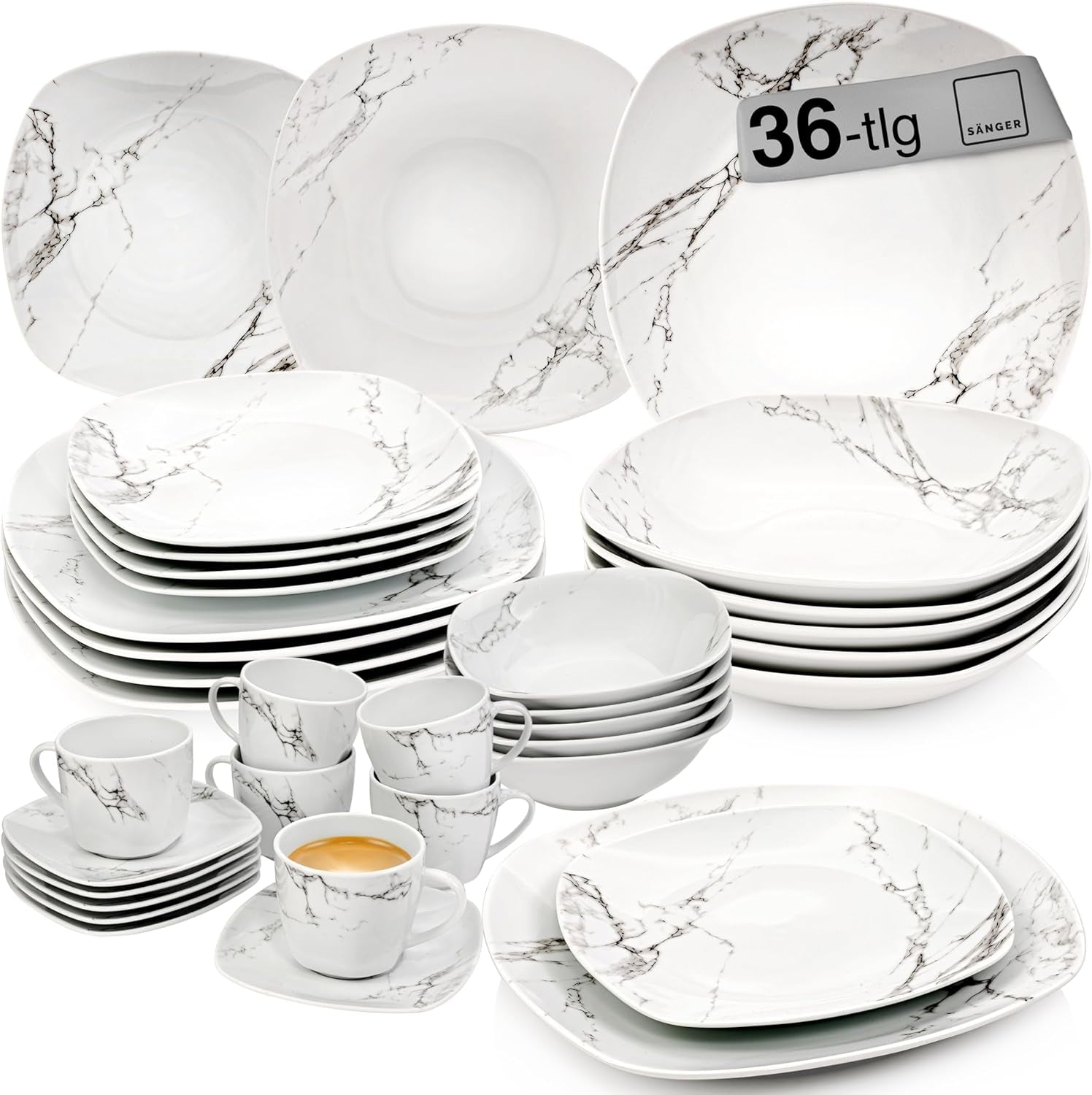 SANGER | Bilgola Juego de vajilla combinada de mármol Juego de vajilla de 36 piezas para 6 con platos llanos, platos de postre, platos de suma, tazones de cereales, platos de café y platillos de porcelana, cuadrado | LA COLECCIÓN PREMIUM