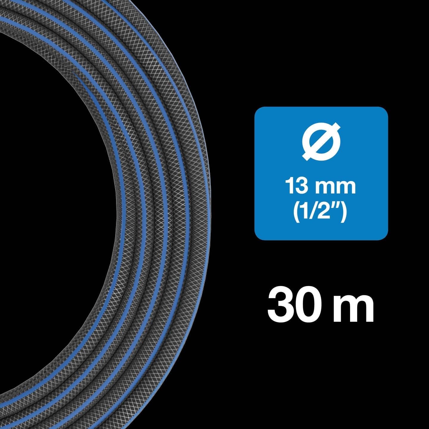 Fiskars L Manguera de agua, Protección UV, Prueba de presión, Rigidez torsional Nivel 4 (de 5), 30 m, Ø 1,3 cm (1/2"), 4,2 kg, Negro/Naranja/Azul, 1027105