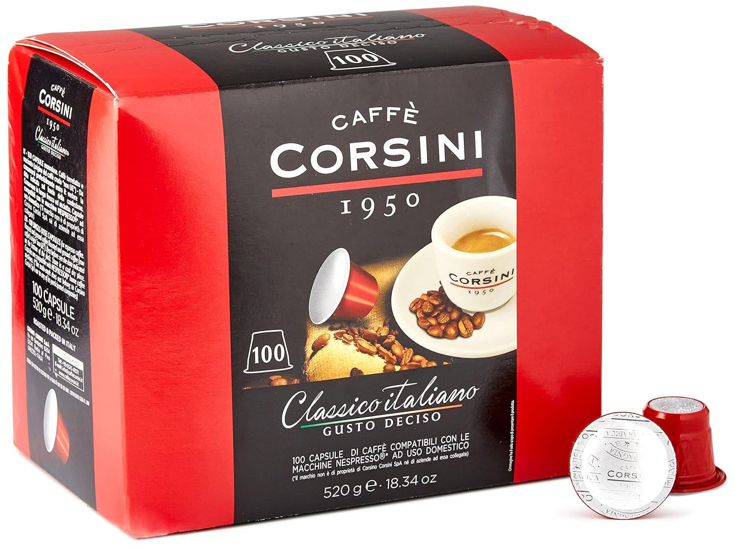 Caffè Corsini - Classico Italiano, Miscela Di Caffè En Cápsulas Compatibles Nespresso, Gusto Forte E Deciso - Confezione Da 100 Cápsulas