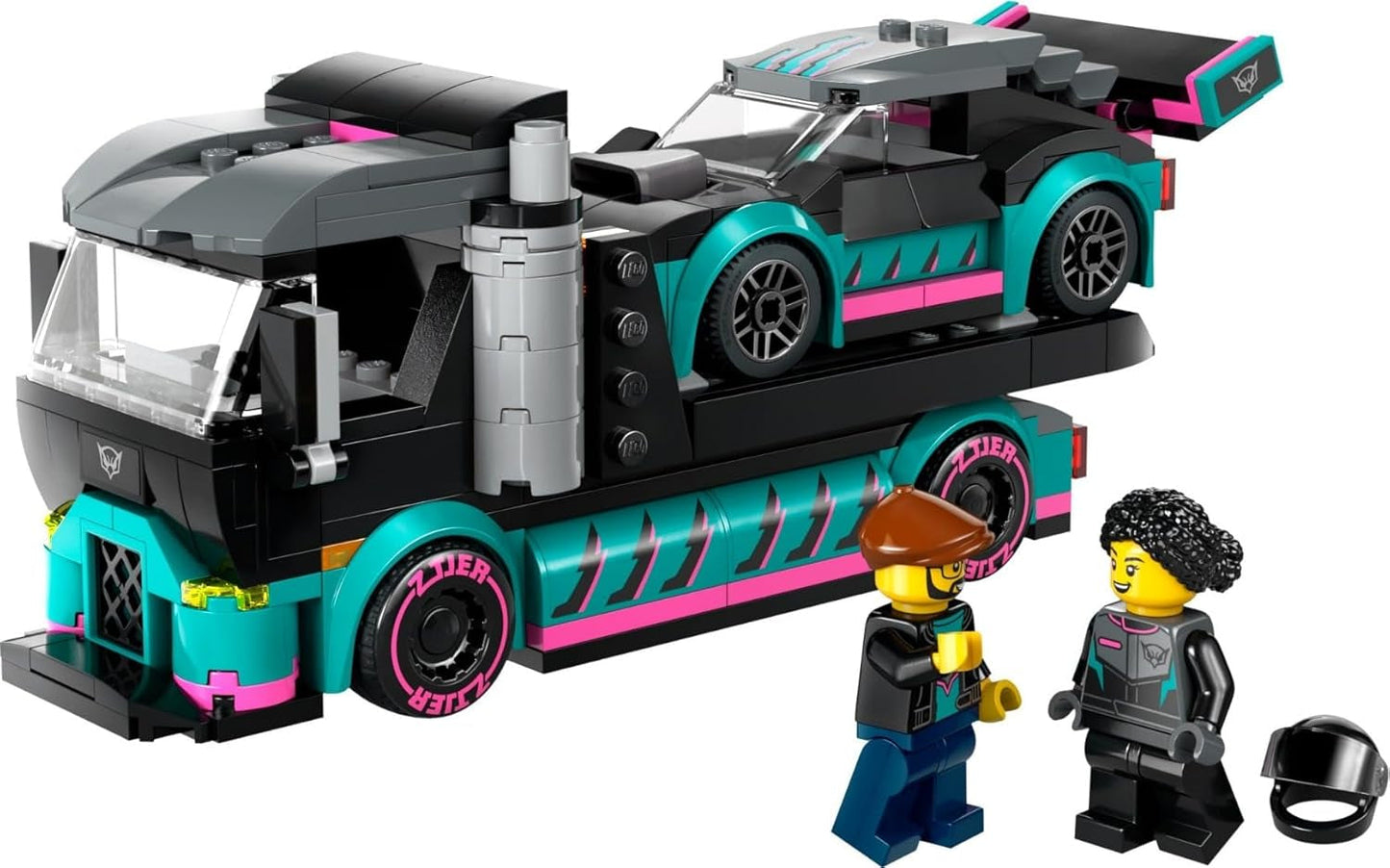 LEGO City Car Transporter con coche de carreras, camión de juguete con rampa de carga ajustable y coche de carreras, juego de construcción con 2 minifiguras, piloto de carreras y conductor de camión, para niños a partir de 6 años 60406 Juegos de construcción Besuche den LEGO-Store