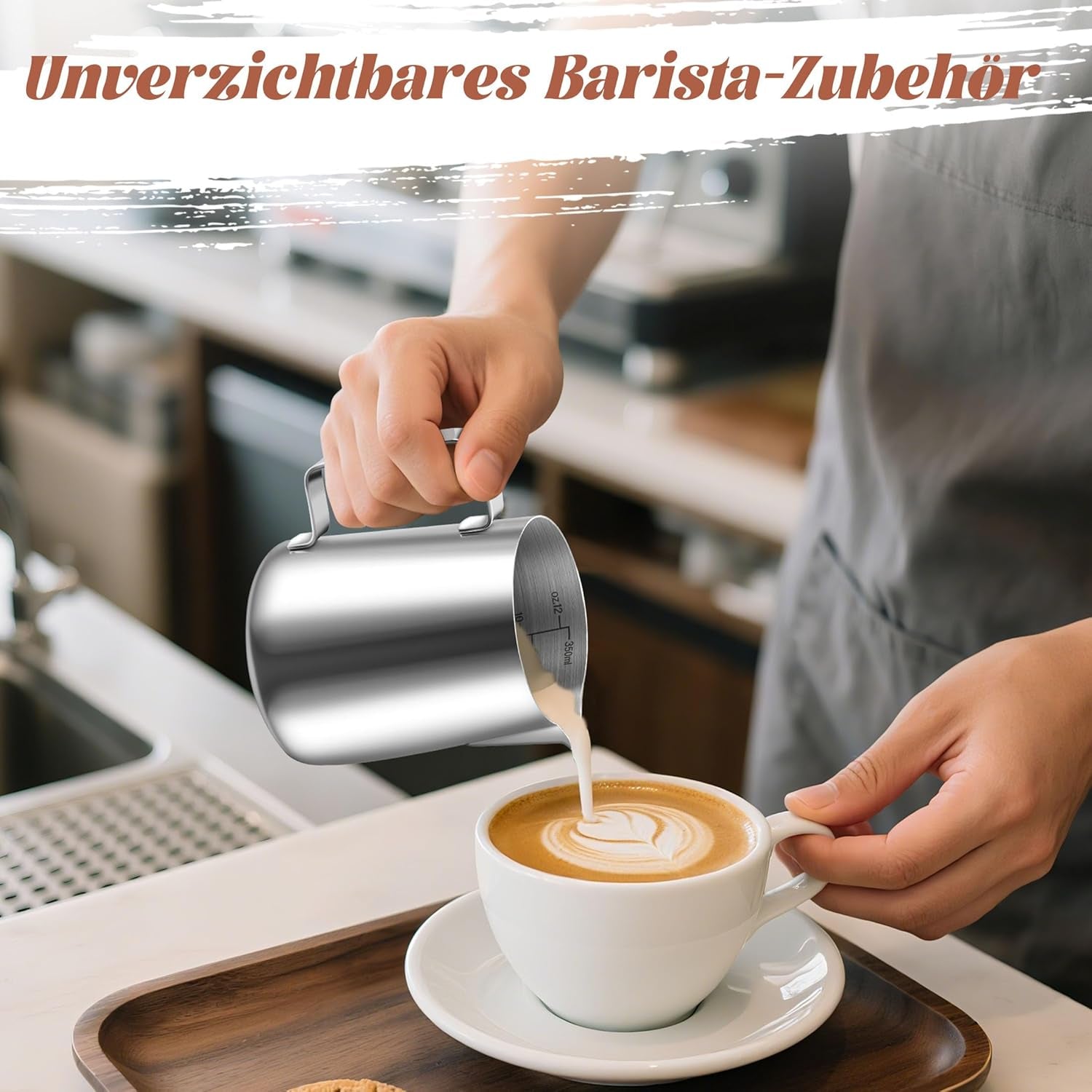 Taza de Leche, Taza de Leche de Acero Inoxidable de 350 ml con Marca medidora, Accesorio de Barista, Taza de Leche para Capuchino, Espresso, Latte Art, Amantes del café, Plata, 355 ml